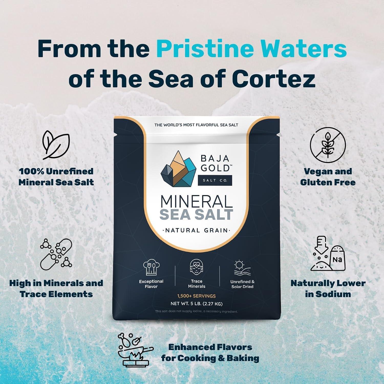 Baja Gold Baja Gold Mineral Sea Salt - Pure & Organic Natural Grain Salt for Cooking & Baking | Low Sodium, Authentic Baja Salt | Ideal for All Culinary Creations | 5 lb. Resealable Bag, 1,500+ Servings