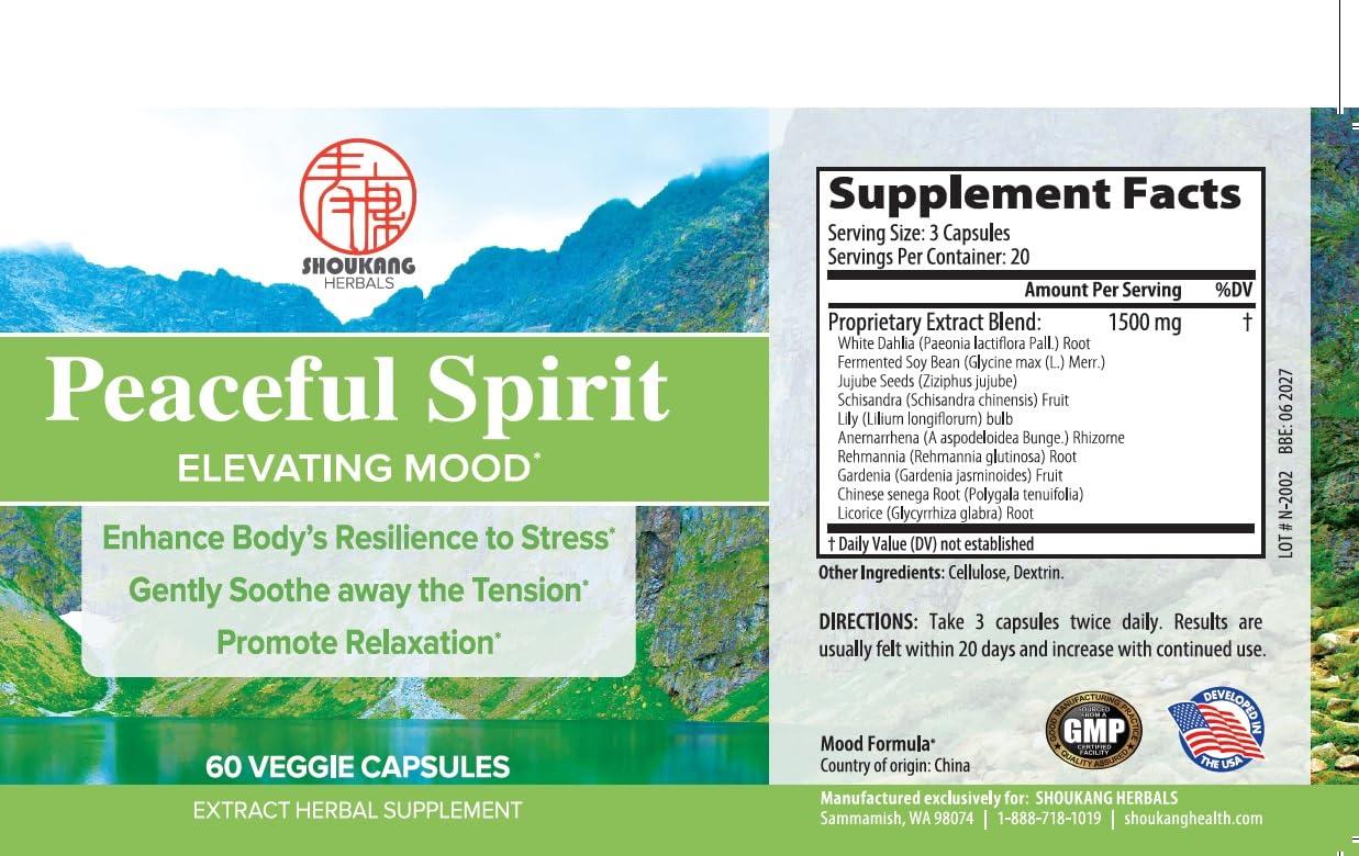 SHOUKANG SHOUKANG Peaceful Spirit HERBALS, Chinese Medicine Herbal Blend, Relieves Stress, Soothes Tension, Promotes Relaxation, 60 Capsules