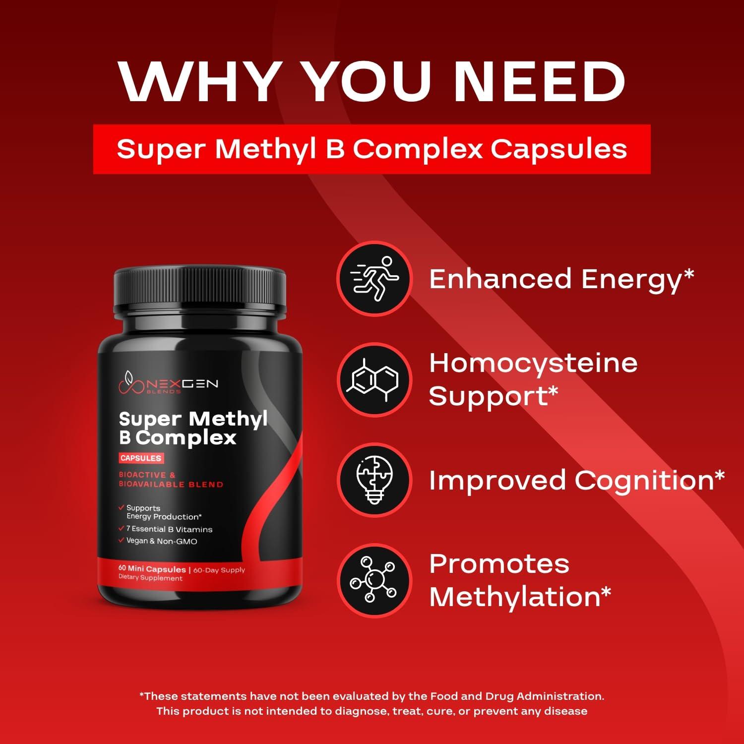 NEXGEN BLENDS Methylated B Complex Vitamin Supplement - Bioactive Methyl B Complex with 5-MTHF Methyl Folate & B12 Methylcobalamin for Brain Heart Energy & Homocysteine Support - Super Vitamin B Complex - 60 Caps