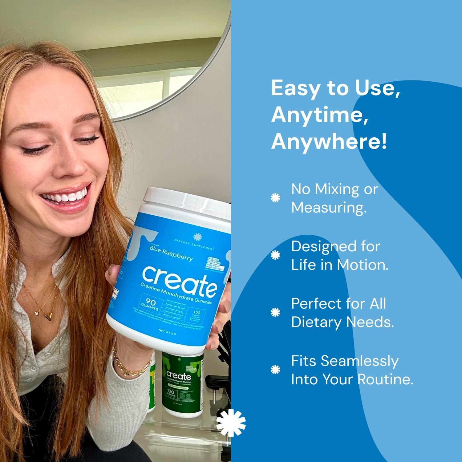 Create Create Creatine Monohydrate Gummies for Men & Women, Boost Focus, Strength, and Endurance, Anti-Melting Formula, Vegan, Gluten-Free, Non-GMO, 1.5g of Creatine per Gummy (Blue Raspberry, 90ct)