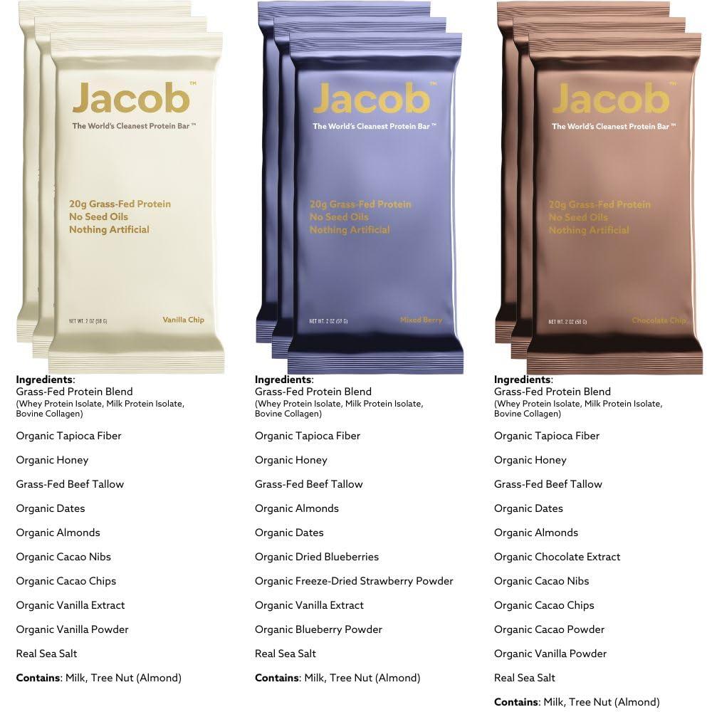 Jacob Jacob Bar, Protein Bars, Variety Pack (9 Bars Total) Contains 3 of Each; Chocolate, Vanilla, Berry - 20g Grass-Fed Protein, No Seed Oils, Nothing Artificial