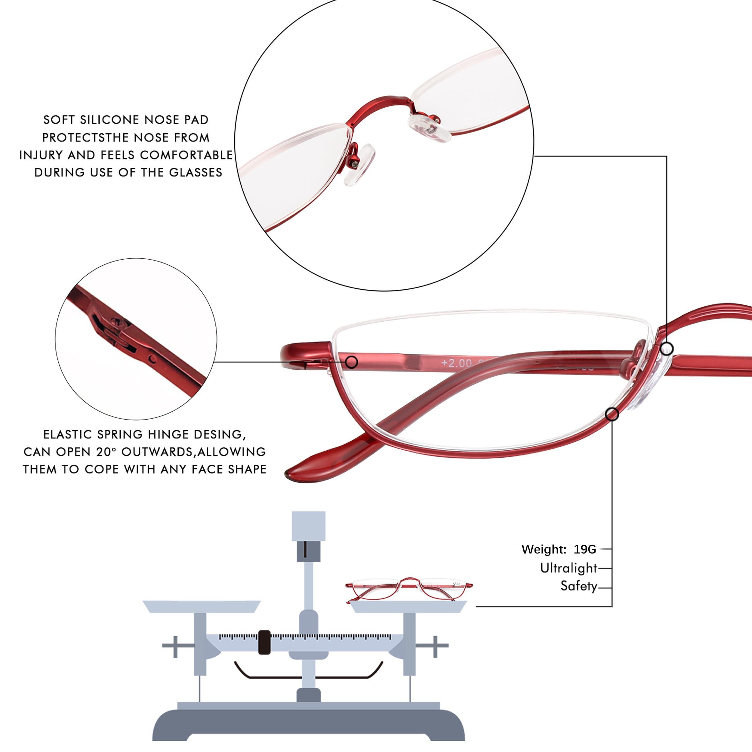 COVESATO COVESATO Half Frame Reading Glasses, Half Metal Moon Readers for Women Men 2.50