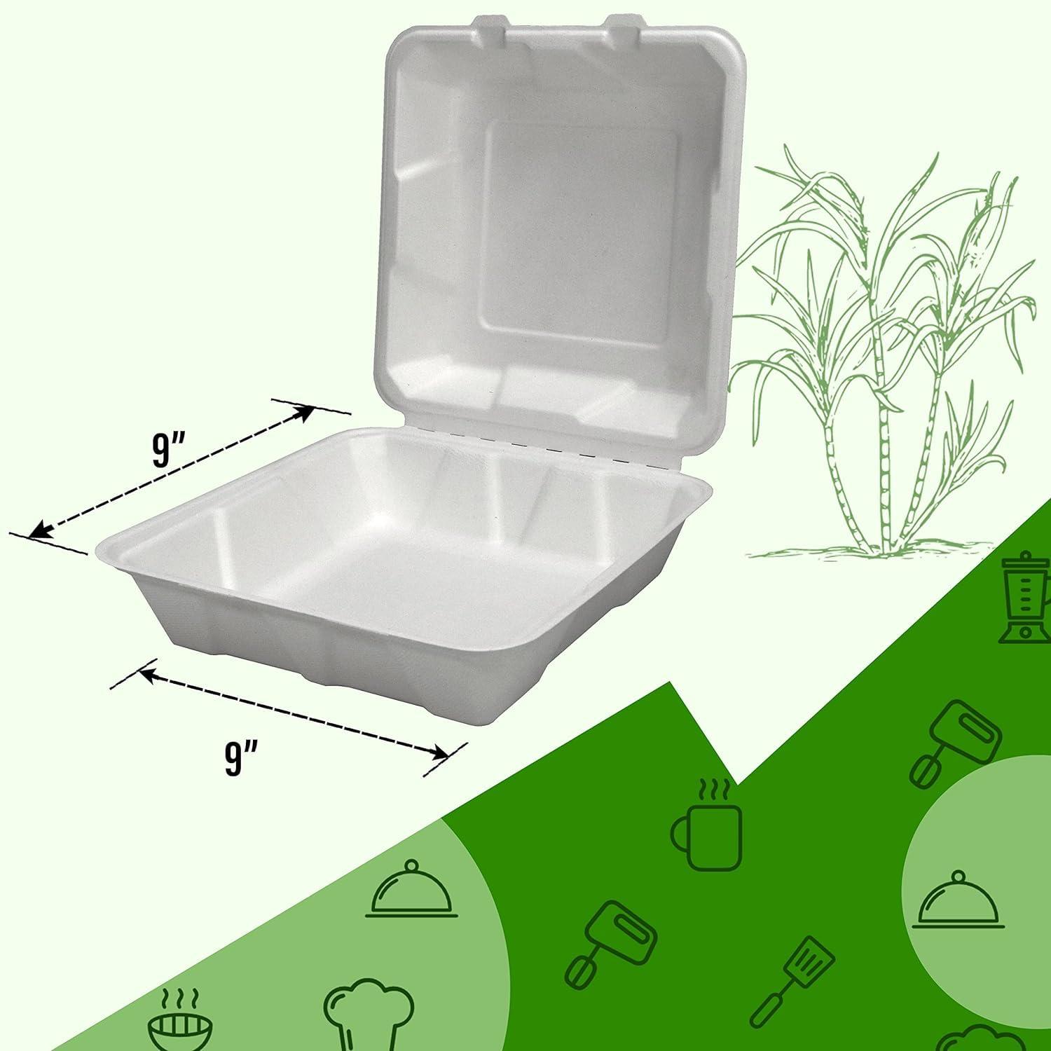 SIMOND STORE SIMOND STORE 9\"x9\" Food Container - 100 Pcs Disposable Food Containers - Biodegradable Clam Shell Food Containers - Clamshell Take Out Containers - Food Storage Container - Recyclable Food Containers