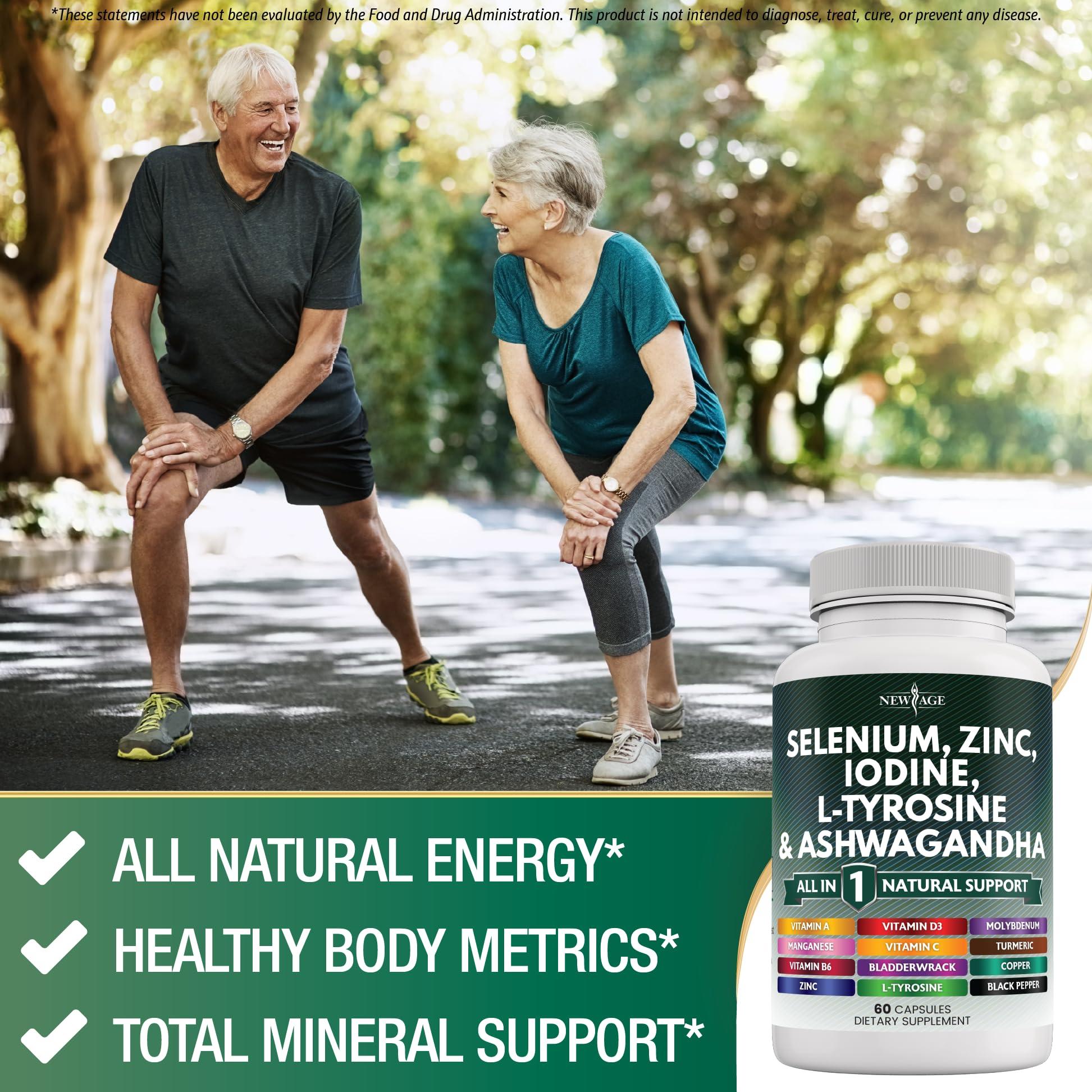 NEW AGE Selenium, Zinc, Iodine, L Tyrosine, Ashwagandha - Thyroid Support Supplement for Women and Men with Bladderwrack, Turmeric, Silica Kelp, Schisandra - 60 Count