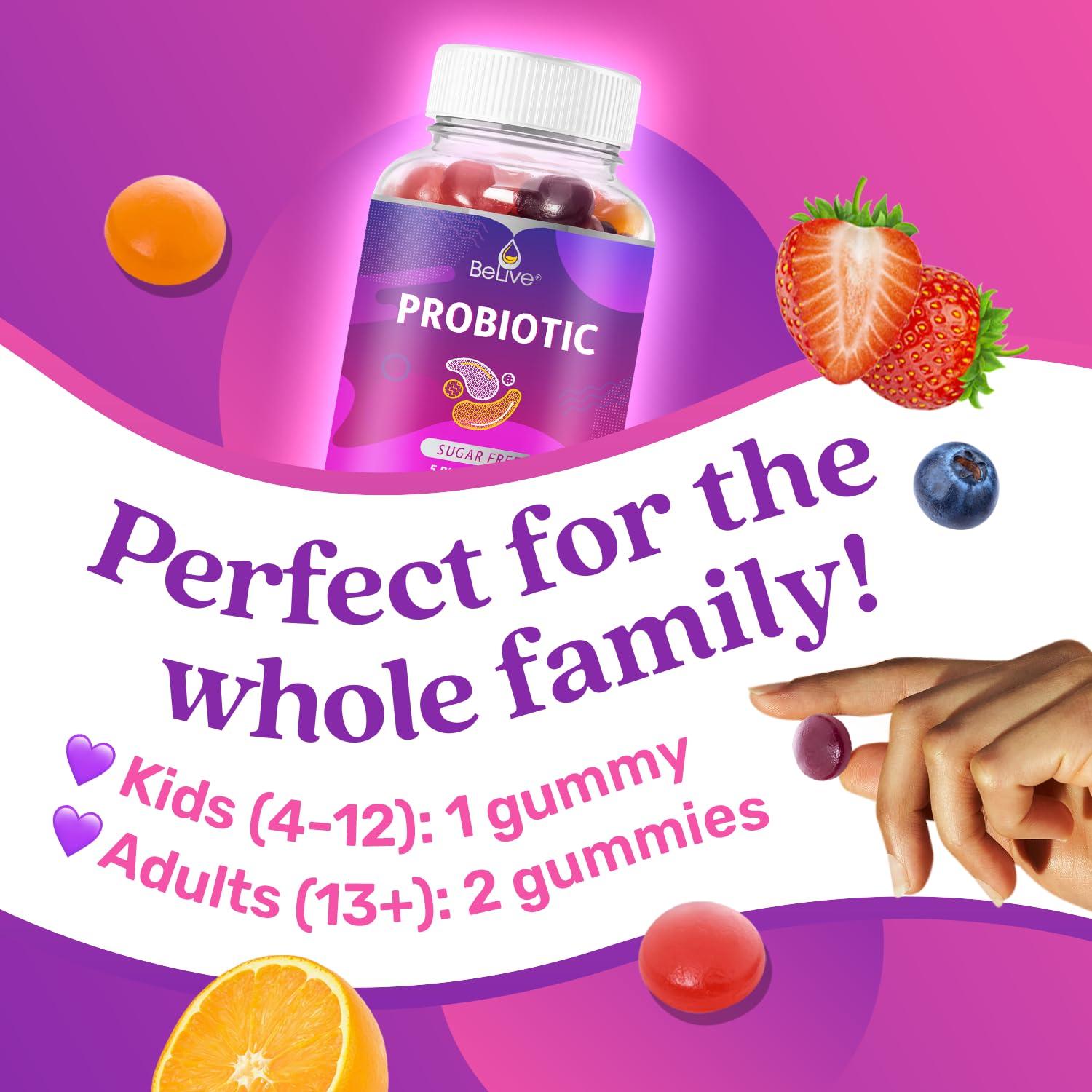 BeLive BeLive Probiotic Gummies - Probiotics with 5 Billion CFUs for Digestive Health, Men, Women & Kids - for Immune Support, Sugar Free & Vegan | 60 Ct – Blueberry, Strawberry & Orange