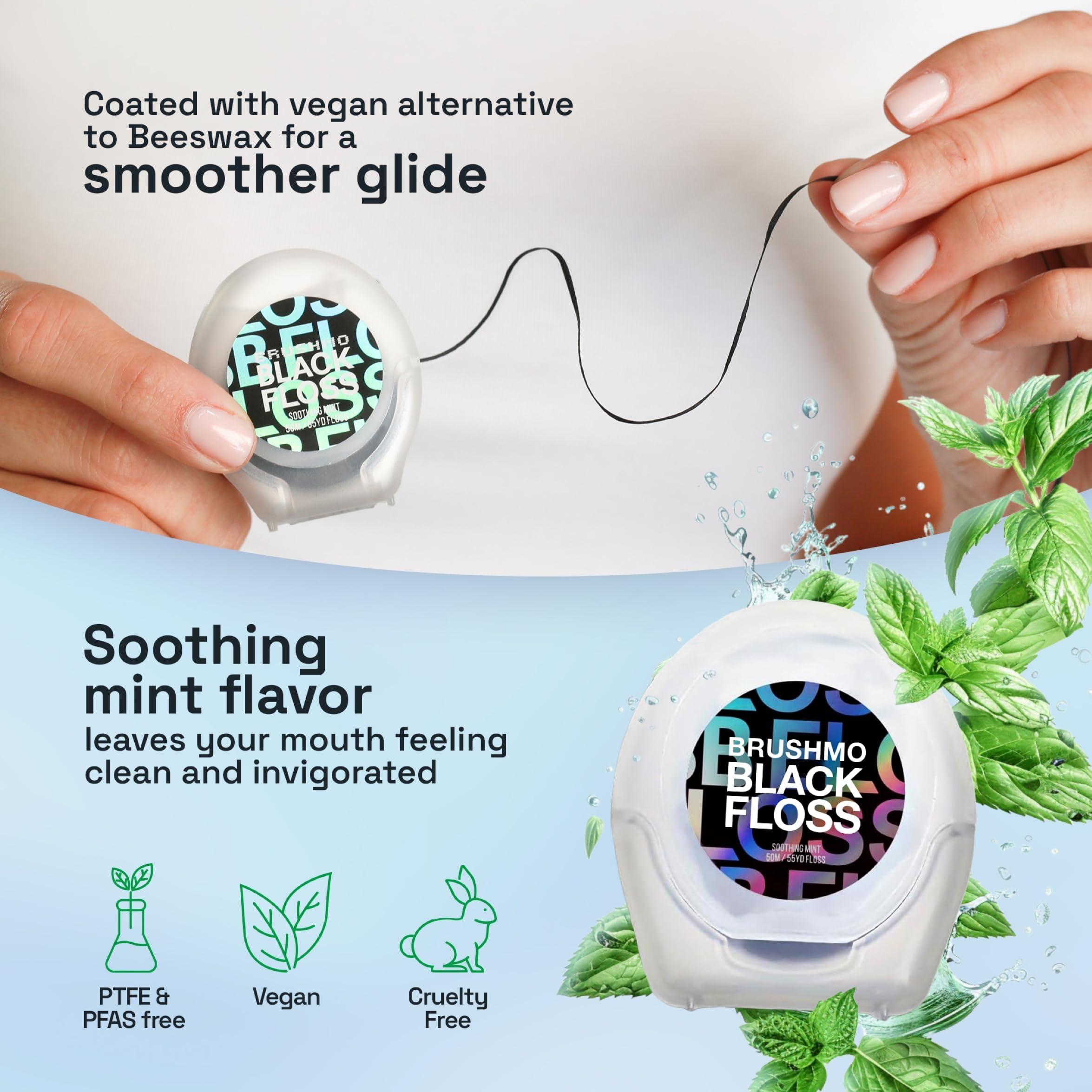 Brushmo Brushmo Black Floss (BB Floss), US Dentist-Designed Oral Care, Stain-Absorbing, Woven Expanding Dental Floss with Natural Wax to Prevent Gum Disease, Non-Toxic PTFE & PFAS Free, 3 Spools (165 yd)