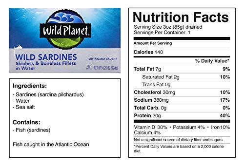 Wild Planet Wild Planet Wild Sardines in Water, Sea Salt, Skinless & Boneless, Tinned Fish, Sustainably Caught, Non-GMO, Kosher, Gluten Free, Keto and Paleo, 4.25 Ounce (Pack of 12)
