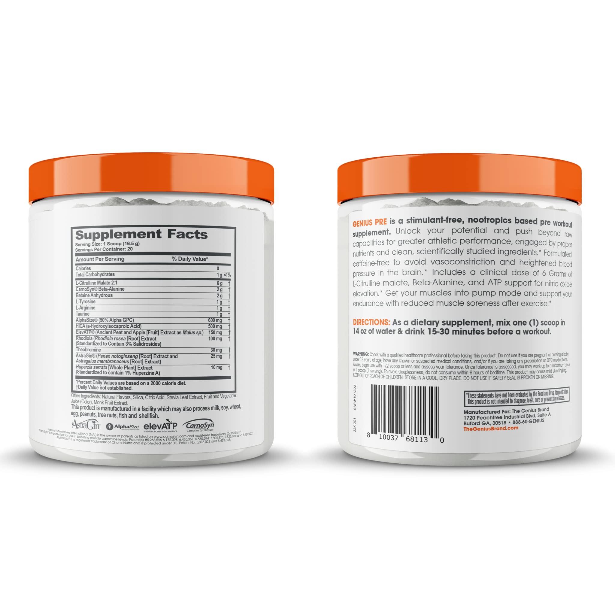 The Genius Brand Genius Energized Pre Workout Powder, Sour Cherry - Caffeine Free Pre-Workout Booster Supplement with Beta Alanine & Alpha GPC - No Artificial Sweetener or Dyes