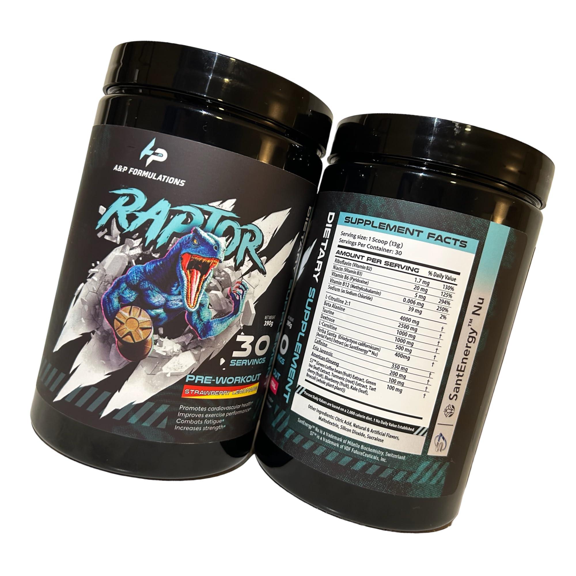 A&P Formulations A&P Formulations Raptor Pre-Workout Powder for Men & Women/Pump, Energy, Performance/ 350mg Caffeine /100mg S7/400mg Yerba Santa/Citrulline+ Beta Alanine/ 30 Servings (Strawberry Lemonade)
