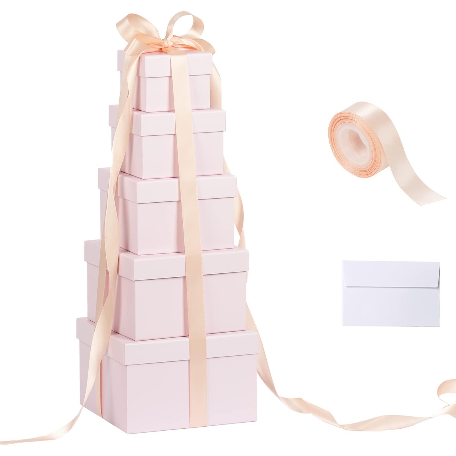 CHARMGIFTBOX CHARMGIFTBOX 5 Pack Large Square Nesting Gift Boxes with Lids for Presents, 4\"-8\" Pink Stacking Gift Box with Ribbon Card for Wedding Birthday Party Valentine Christmas