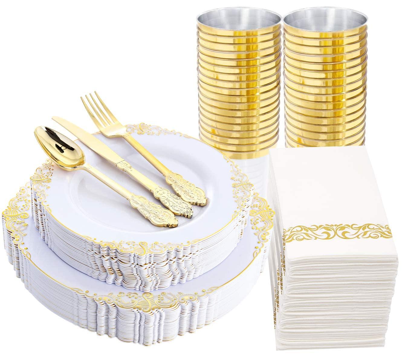 Nervure Nervure 175PCS White and Gold Plastic Plates 175PCS Clear Gold Plastic Plates