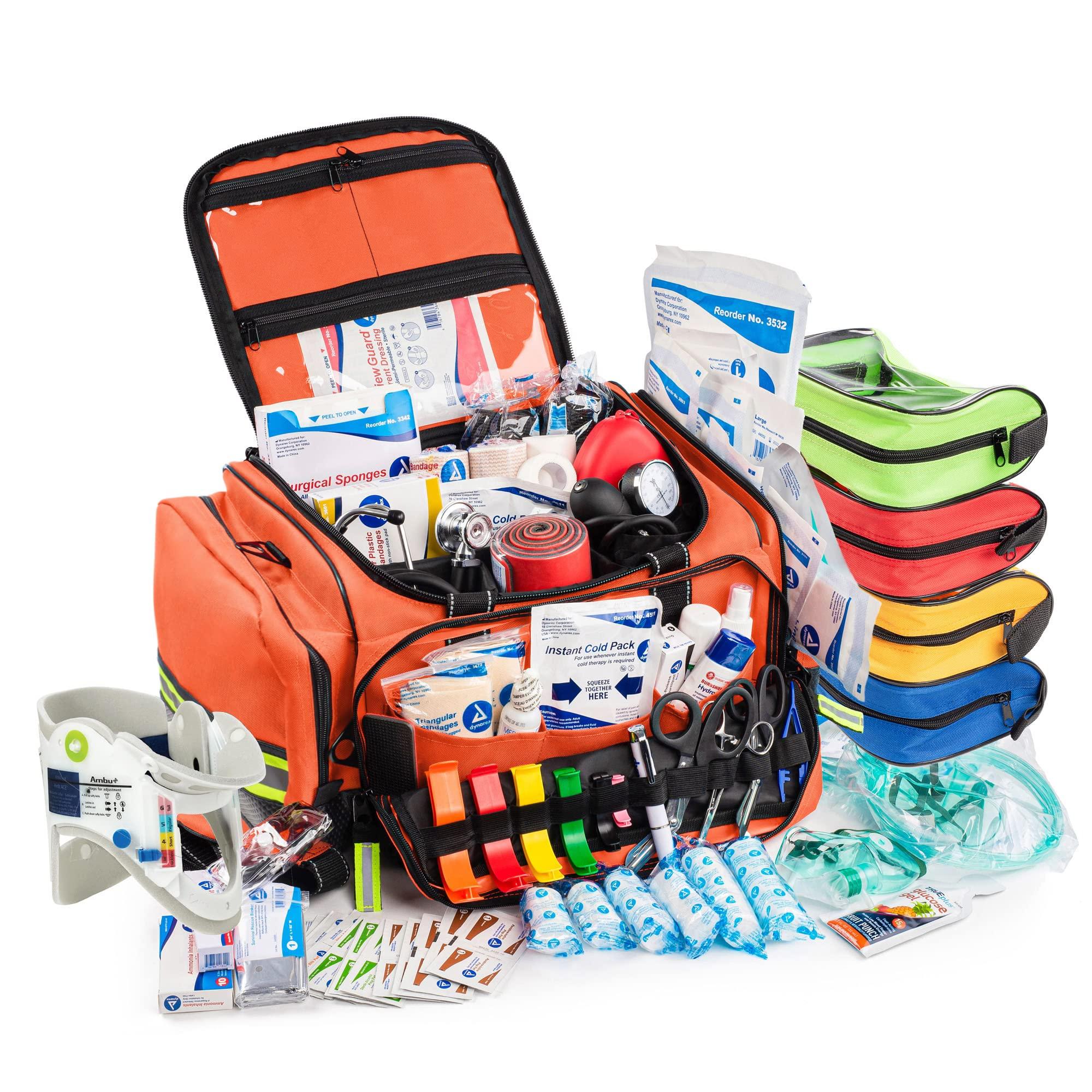 Scherber Scherber Fully-Stocked First Responder Professional Advanced EMT/EMS Trauma Kit | HSA/FSA Approved | Reflective Bag w/10+ Compartments, Zippered Pockets & 250+ First Aid Supplies (Orange)