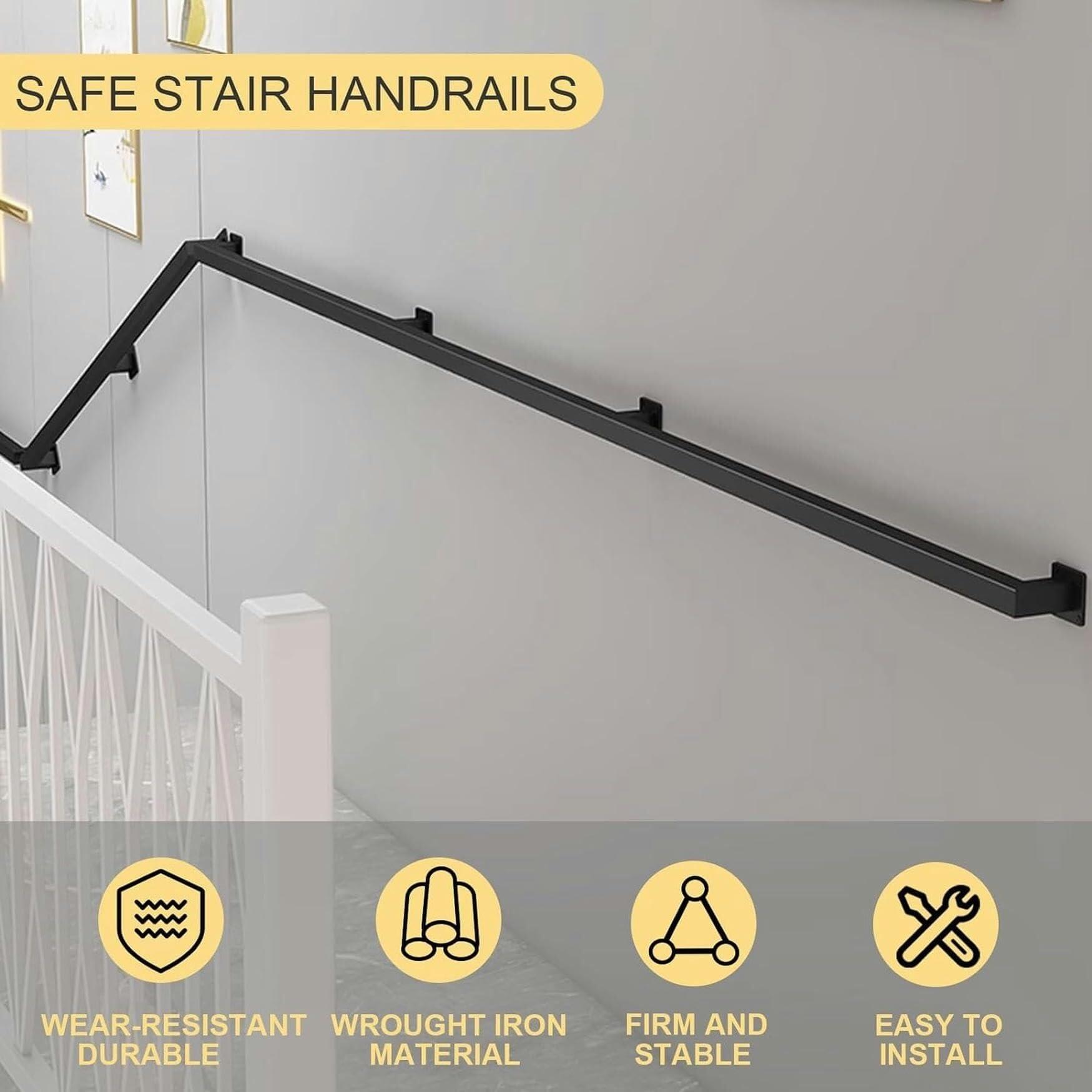 NUHGFTYBF Black Stair Handrail, 1ft-20ft Metal Staircase Handrails Stairs Indoor and Outdoor Galvanized Industrial Iron Pipe Stair Railing Wall Balustrade Foot Rail Support(9.2 FT)