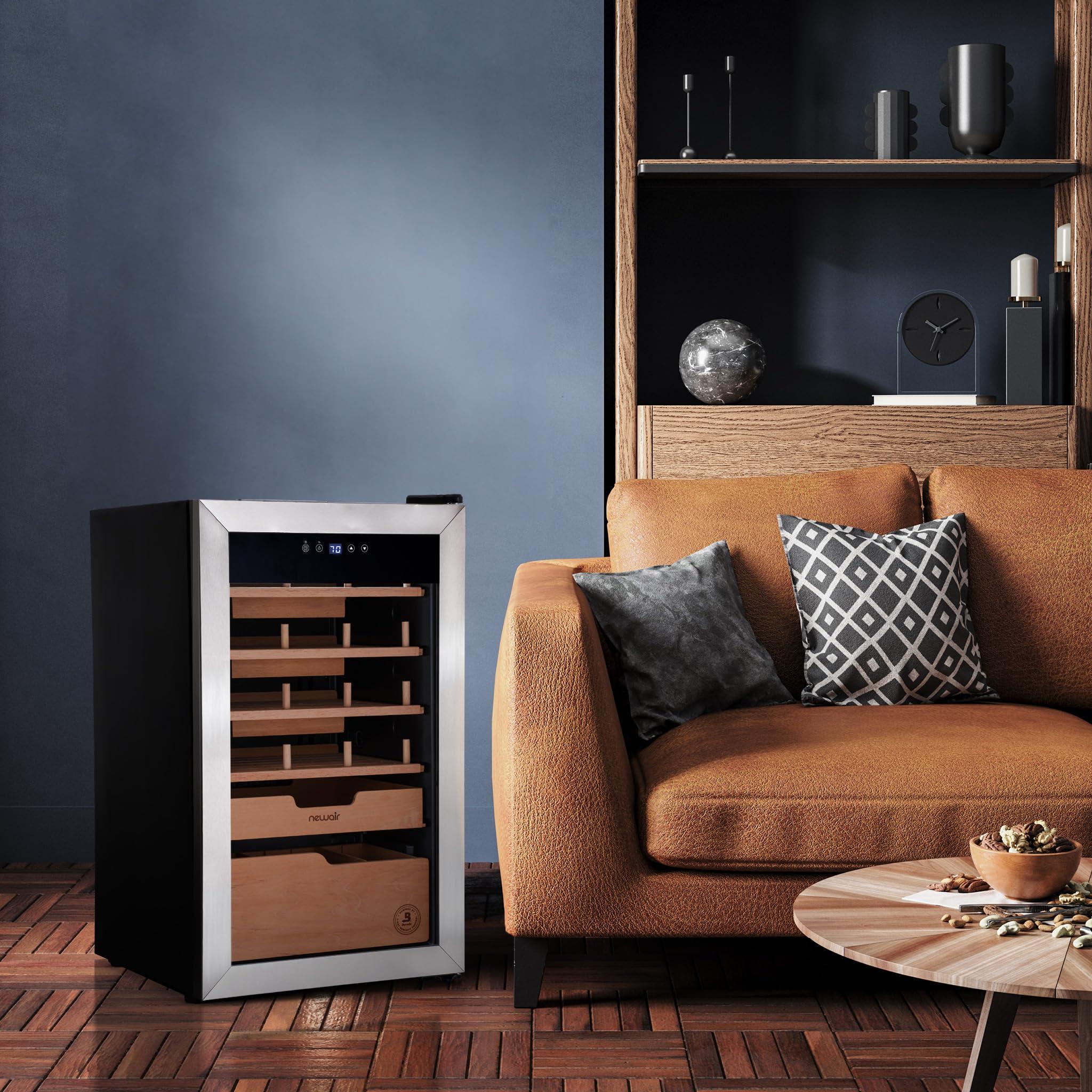 NewAir NewAir x Boveda 500 Count Electric Humidor, Spanish Cedar Shelves with Temperature Control, Cigar Humidor Box with Built-In Boveda Humidity Control in Stainless Steel