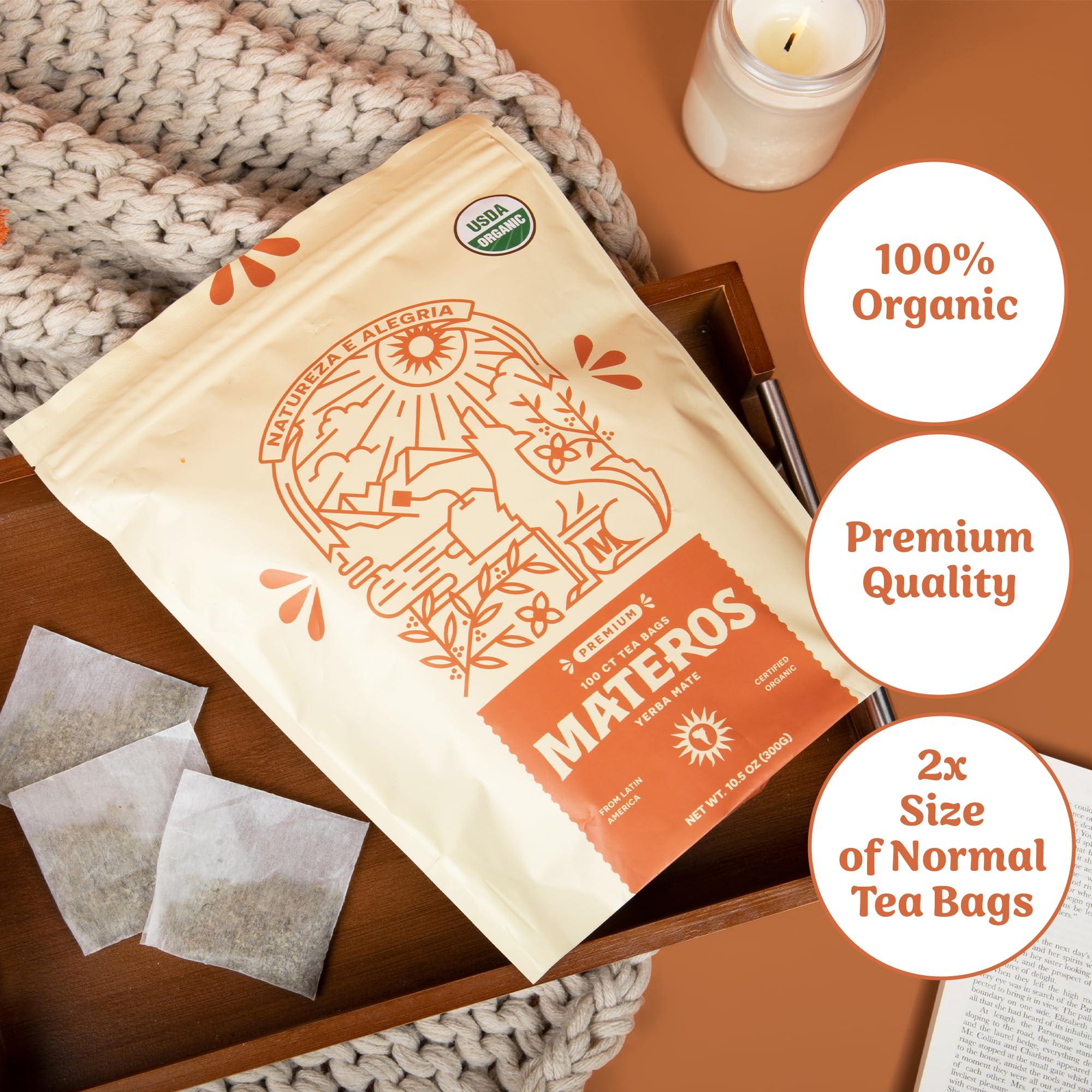 Materos Yerba Mate Loose Leaf Tea Bags, 100 Count Yerba Mate Tea Bag, 100% Organic, Premium Quality Yerba Mate Organic, Unsmoked & Aged, Large Caffeinated Herbal Yerba Mate Tea Bags