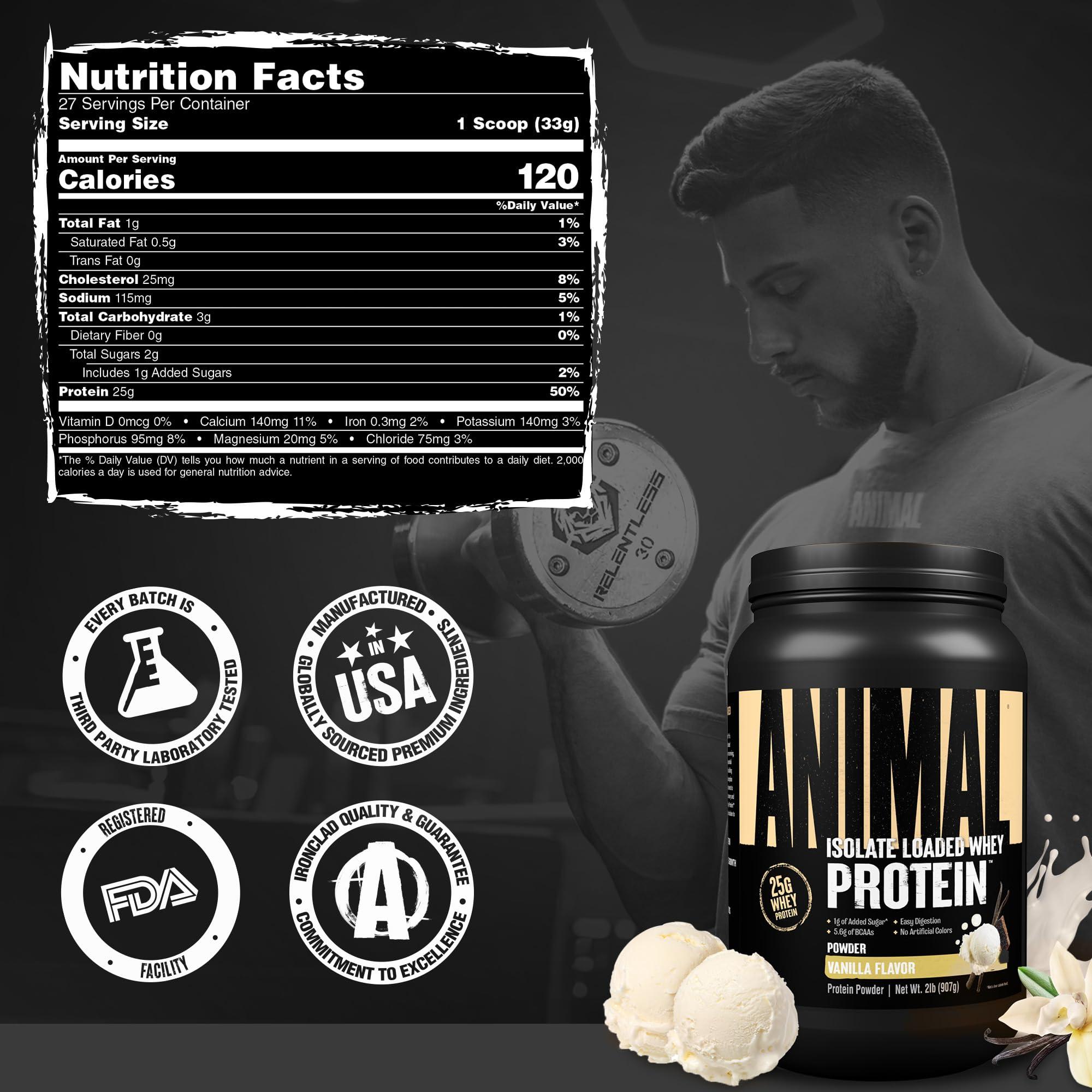 Animal Animal Whey Isolate Protein Powder - Loaded for Pre & Post Workout Muscle Builder and Recovery with Digestive Enzymes for Men & Women - 25g Protein, Great Taste, Low Sugar - Vanilla 2 lbs