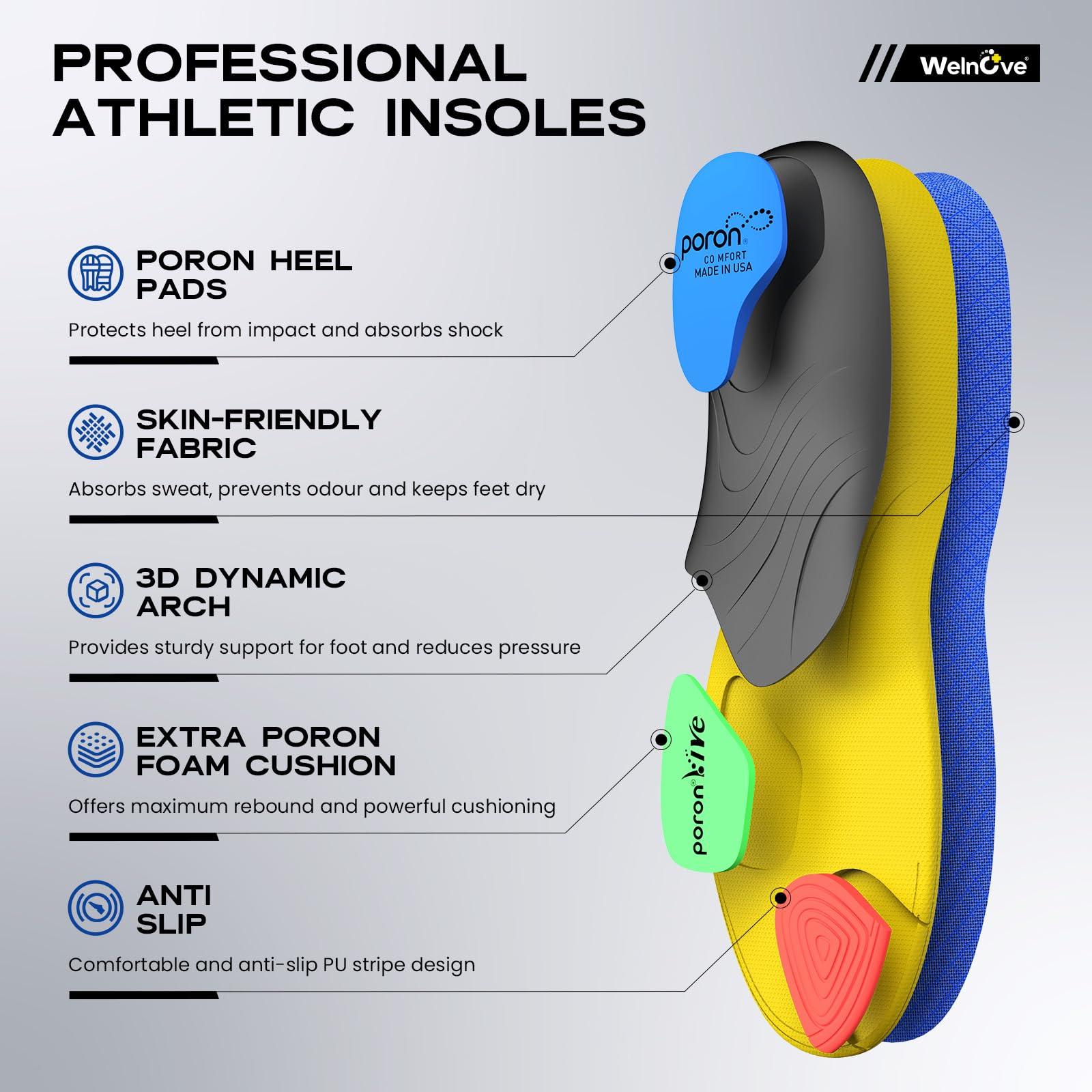 Welnove Sport Insoles Plantar Fasciitis Relief - Welnove Shock Absorption Running Athletic Insoles for Sneaker Hiking Boot Insoles for Walking or Standing All Day - Medium Arch Support(Blue,XL)