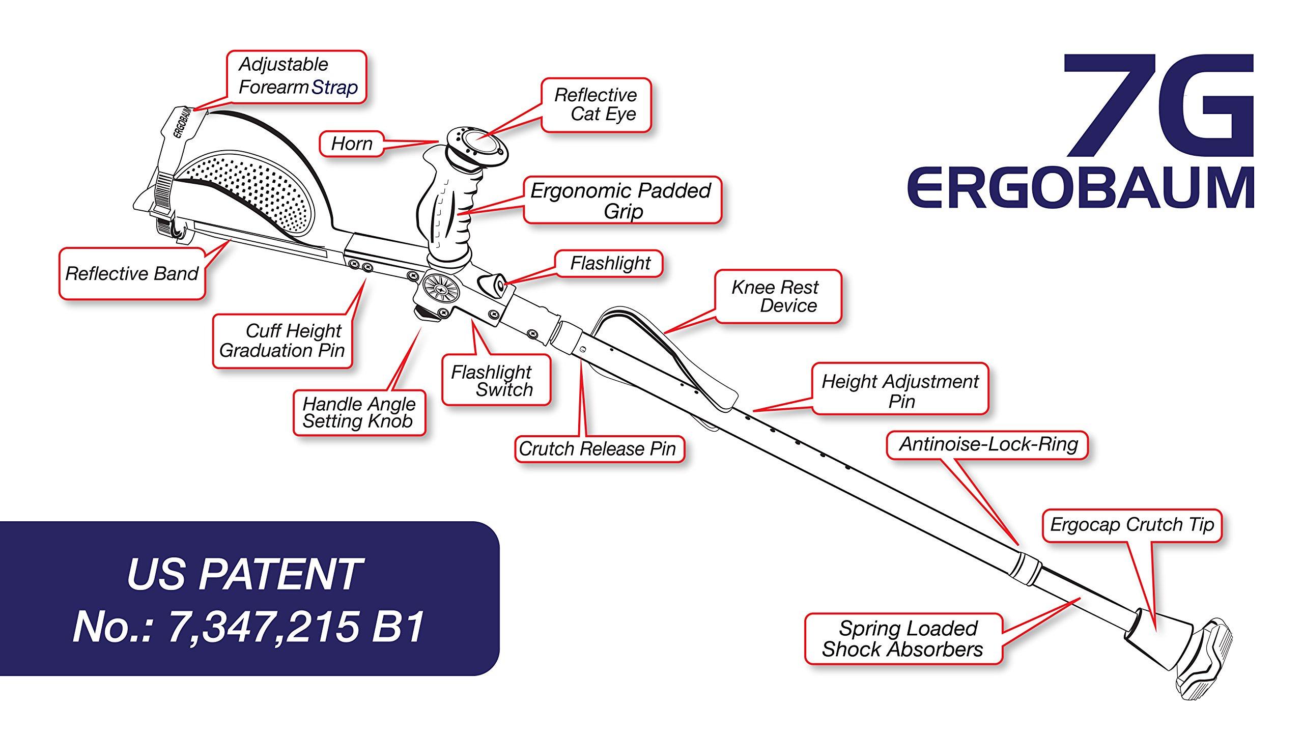 Ergoactives,LLC Ergobaum 7G by Ergoactives. 1 Pair (2 Units) of Ergonomic Forearm Crutches - Adult 5' - 6'6'' Adjustable, Foldable, Ergonomic, Shock Absorber, Non-Slip, Knee-Rest Platforms, LED Lights (Black)