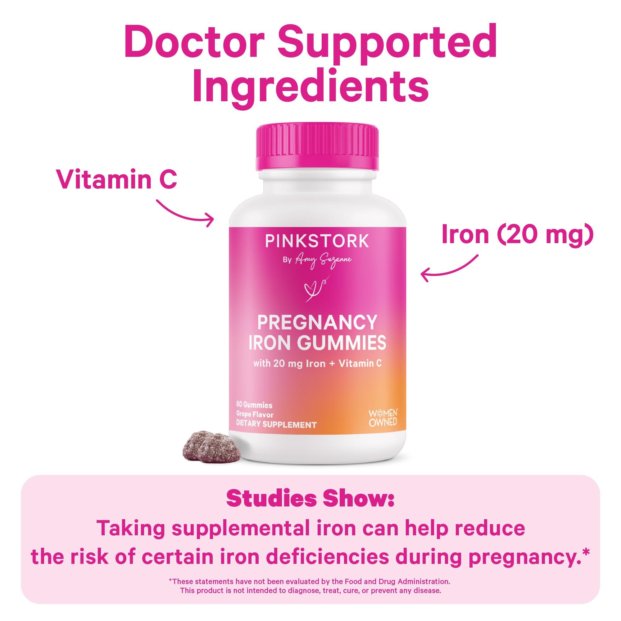 Pink Stork Pink Stork Prenatal Iron Supplement Gummies for Women - 20 mg Iron Gummy with Vitamin C - Grape Chewable for Iron Deficiency, Energy, & Blood Builder - 60 Gummy Chews