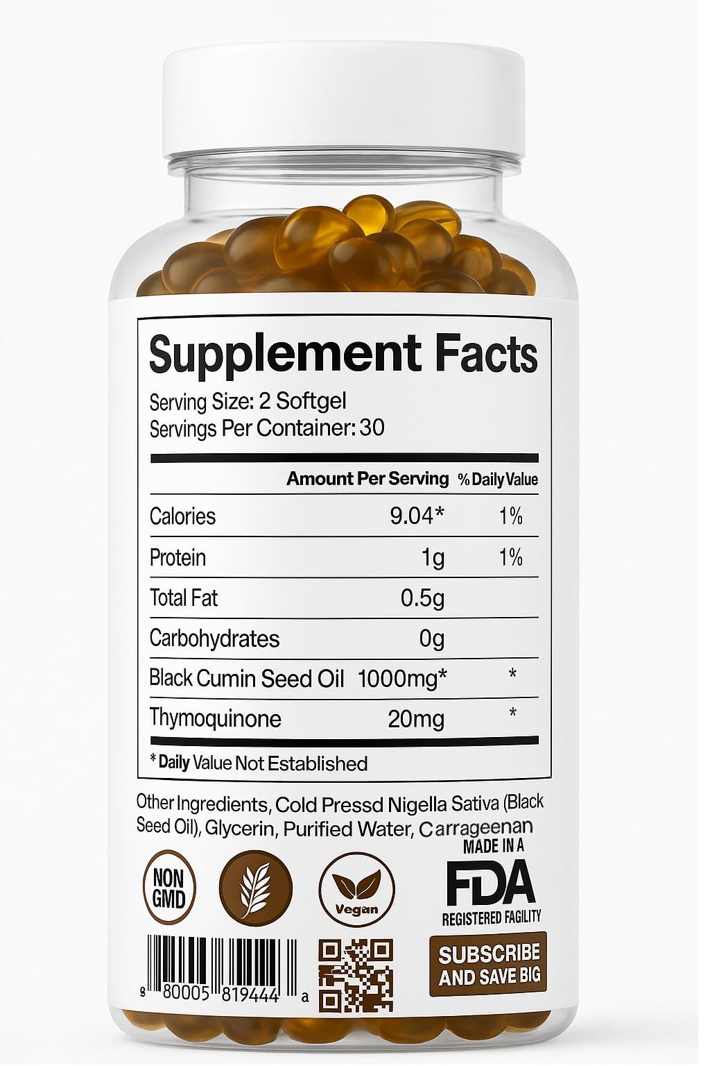 ORGANICS NATURE ORGANICS NATURE Black Seed Oil Capsules 1000MG Vegan Softgels, for Hair & Skin, Heart Support, Nigella Sativa - 100% Cold Pressed Cumin Seed Oil Capsules High Thymoquinone, Omega 3s