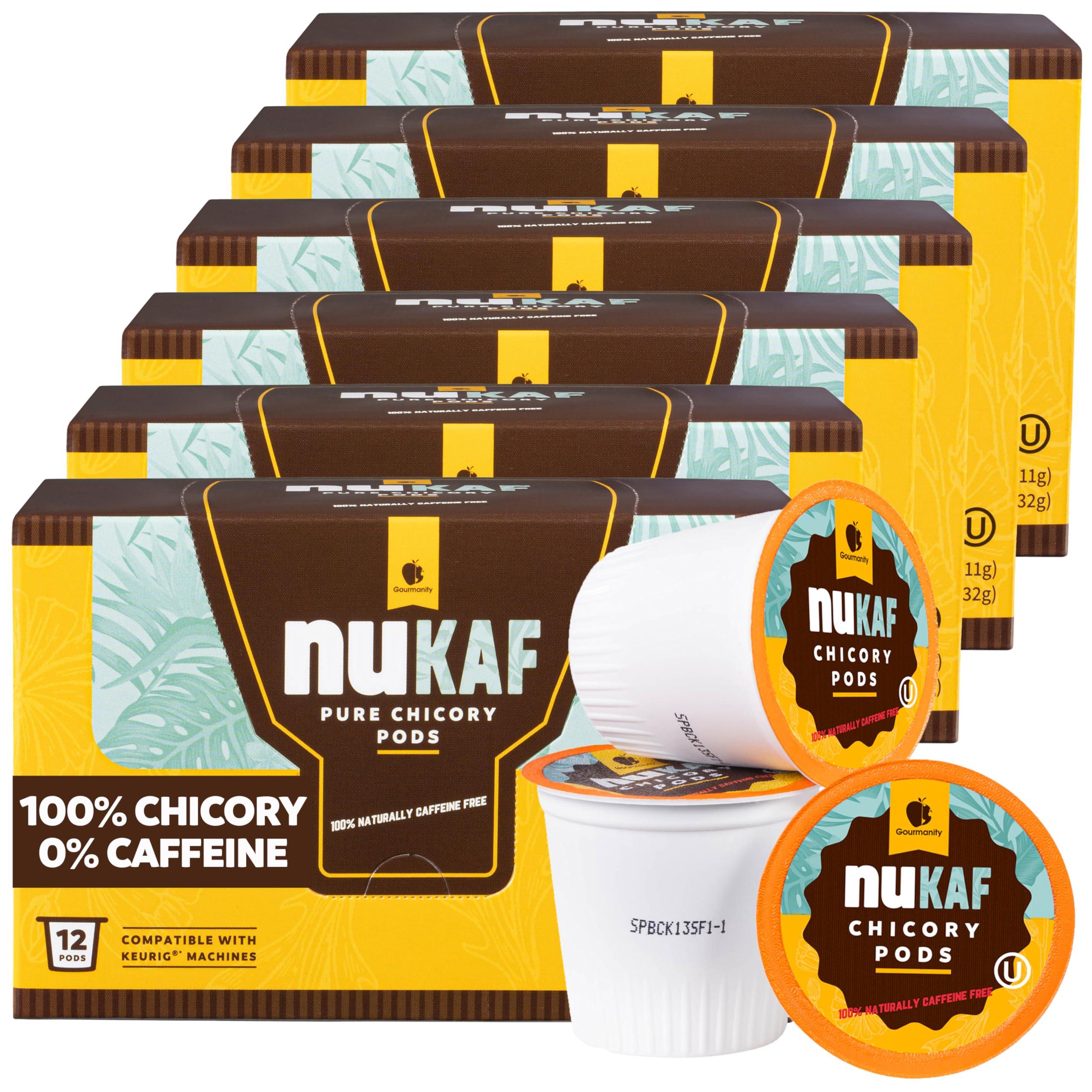 Gourmanity nuKAF Chicory K Cups | Kosher Chicory Root K Pods for your Keurig | 100% Caffeine Free | Keurig K Cups Coffee Alternative by Gourmanity [6 boxes of 12 pods each | 72 total pods]