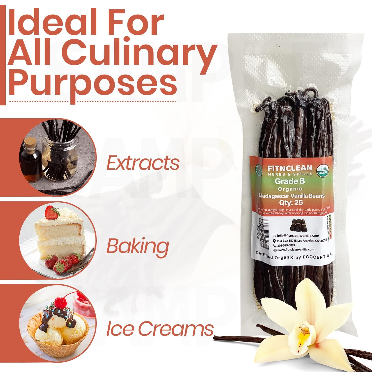 FITNCLEAN HERBS AND SPICES 50 Madagascar Organic Vanilla Beans Grade B. Certified USDA Organic. 5"-7" by FITNCLEAN VANILLA for extract, Cooking and Baking. Whole NON-GMO Bourbon Pods
