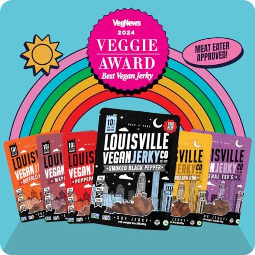 Louisville Vegan Jerky Louisville Vegan Jerky - Smoked Black Pepper Vegan and Vegetarian Meat, 19 Grams of Non-GMO Soy Protein, 310 Calories per Bag, Gluten-Free High Protein Vegan Snacks - 3 oz, 10 Pack