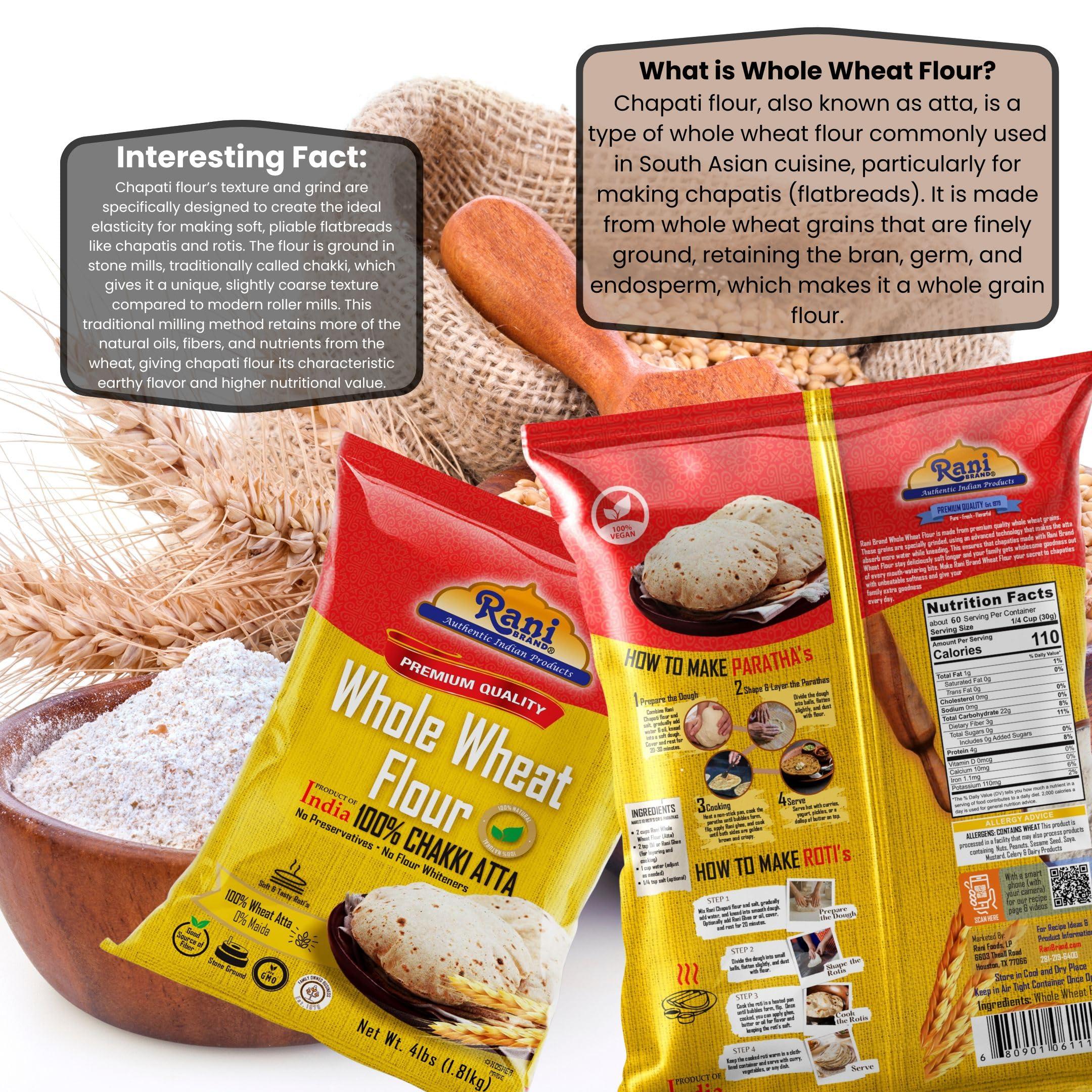 Rani Brand Authentic Indian Products Rani Chapati Flour (100% Pure Whole Wheat Atta), For Making Roti & Indian Breads 64oz (4lbs) 1.81kg Bulk ~ All Natural | Vegan | No Salt or Colors | NON-GMO | Kosher | Indian Origin