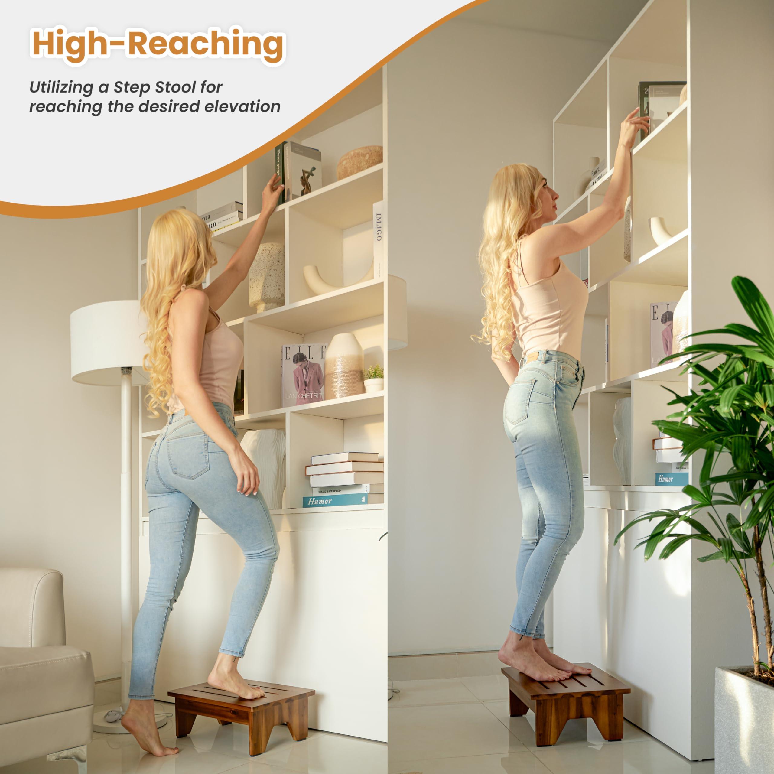 HOLANA Holana 6.5\" Wooden Step Stool for Adults (No Assemble Required)- 200 Lbs One Step Stools for High Bed Riser - Small Stepping Stool for Elderly, Seniors, Kid/Bathroom, Bed, Kitchen (Acacia Wood)