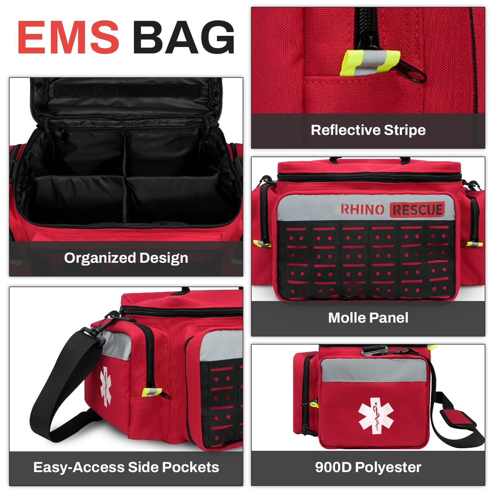 RHINO RESCUE RHINO RESCUE First Responder First Aid Kit Fully-Stocked EMT Bag, FSA HSA Eligible, Professional EMT/EMS Trauma Medical Kit, Molle System, Reflective Bag w/5 Zippered Pockets, 300+ First Aid Supplies
