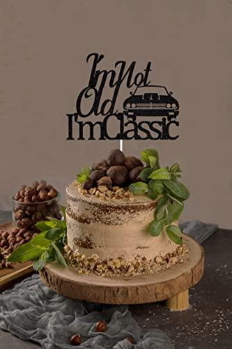 Four Ever Sweet I'm Not Old I'm Classic Cake Topper Black Glitter, Classic Car Birthday Cake Topper, 50th/60th/70th 80th/90th/100th Birthday Cake Topper, Vintage Car Birthday Party Decorations