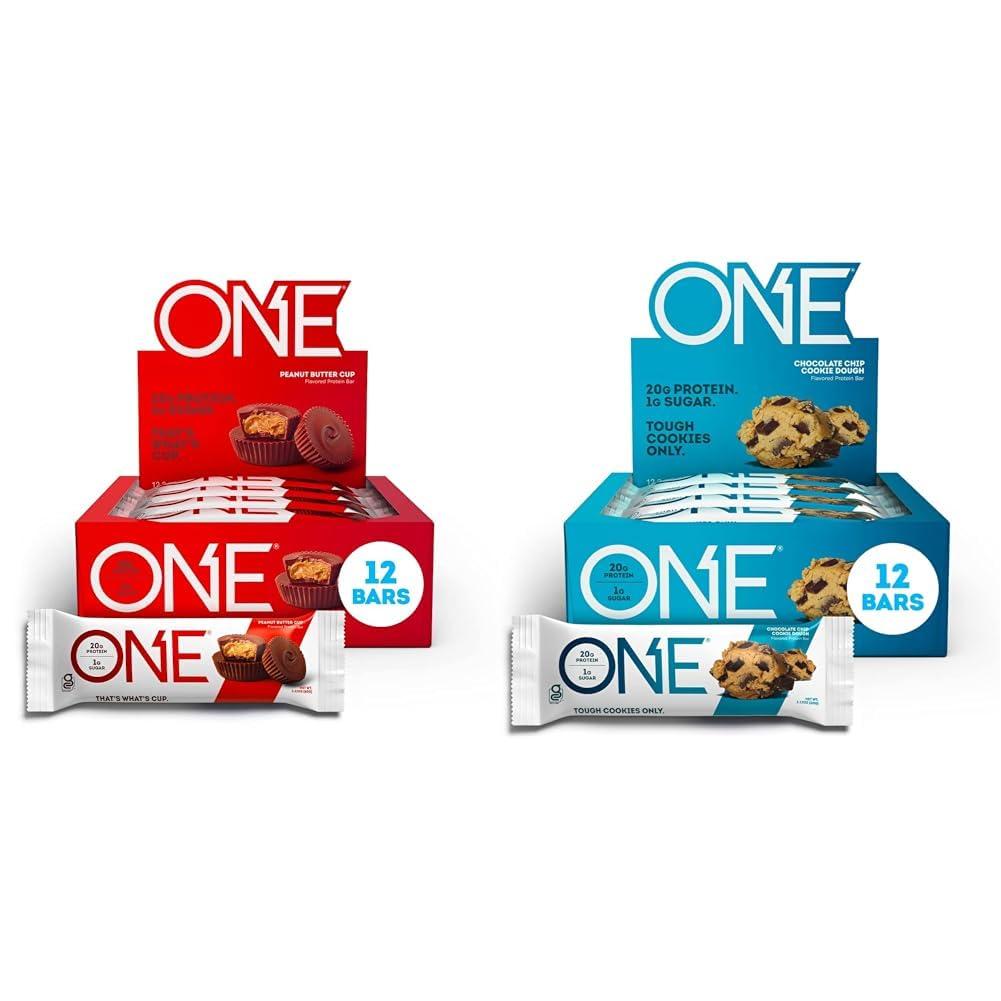 ONE ONE Protein Bars, Peanut Butter Cup, Gluten Free Protein Bar with 20g Protein and only 1g Sugar & Protein Bars, Chocolate Chip Cookie Dough, Gluten Free Protein Bars with 20g Protein