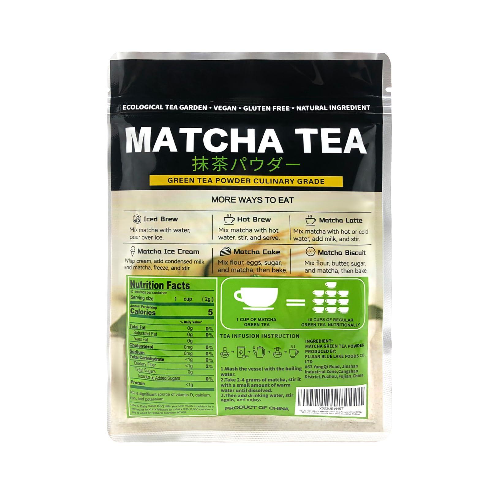 Tian Hu Shan TIAN HU SHAN Matcha Green Tea Powder 3.5oz/100g, Pure Matcha Powder Culinary Grade Unsweetened for Lattes, Cooking, Baking, Vegan 100% Natural