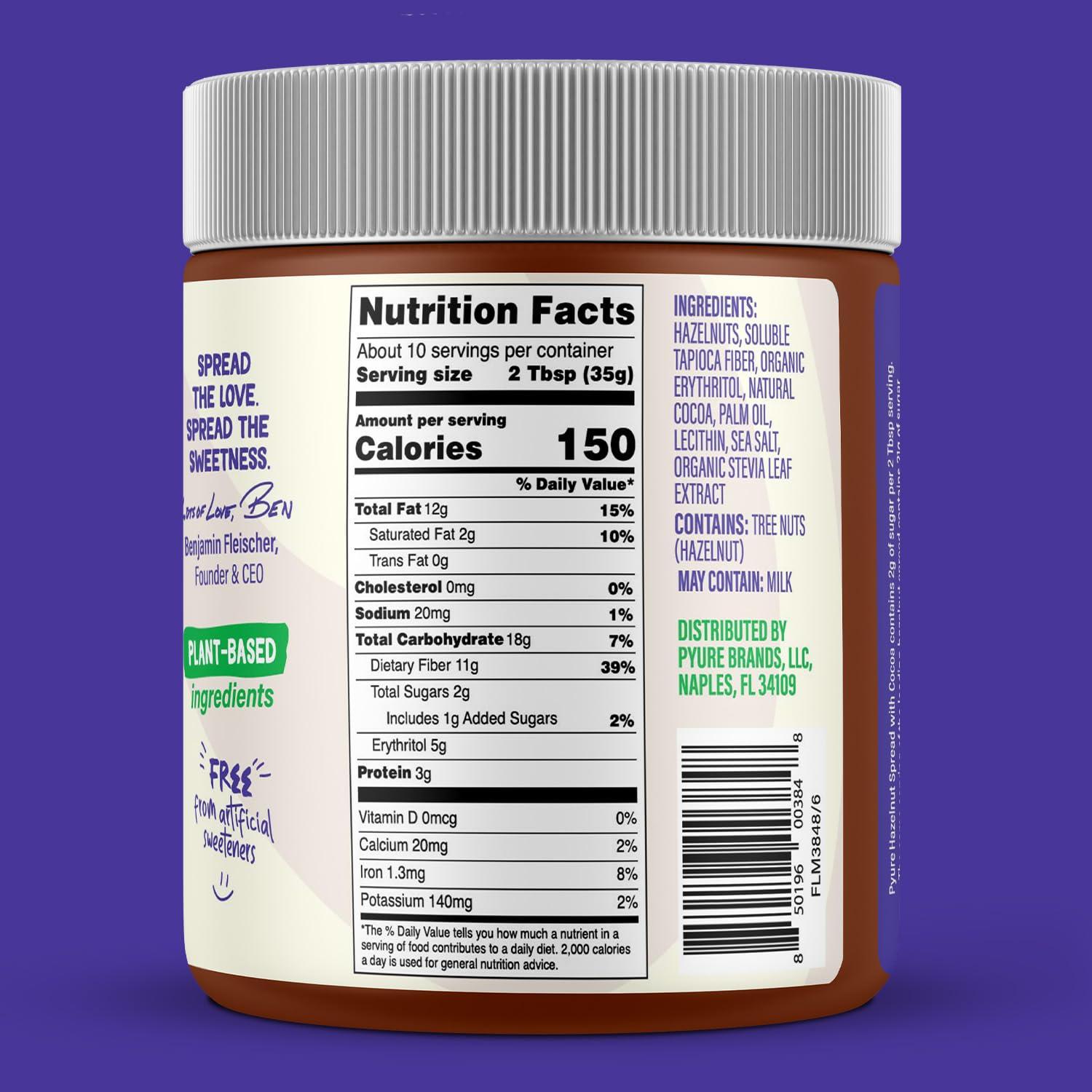 Pyure Pyure Organic Chocolate Hazelnut Spread | 90% Less Sugar | 1 Net Carb Keto Snack | No Palm Oil, Gluten-Free, Peanut Free, Plant-Based Hazelnut Spread for Vegan Keto Friendly Food | 13oz (Pack of 2)