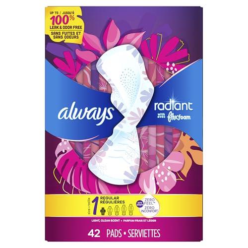 Always Always Radiant Feminine Pads for Women, Size 1 Regular, with Wings, Scented, 42 CT