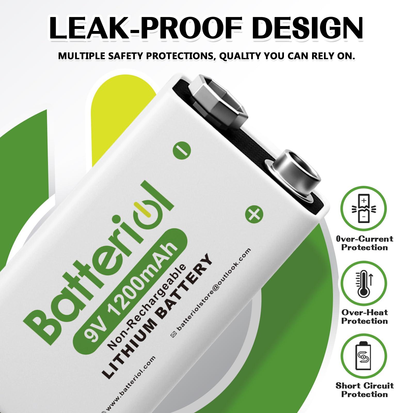 Batteriol Batteriol 9V Lithium Batteries, 1200mAh Lithium 9 Volt Batteries, 10 Year Shelf Life, Long-Lasting Power for Smoke Detector, Microphone and Walkie Talkie, 4 Pack