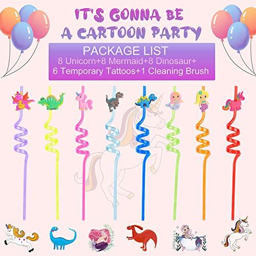 DLSMDOUS 24 Reusable Drinking Plastic Straws + 6 Temporary Tattoos or 6 Silicone bracelets for Girls and Boys Birthday Party Decorations with Unicorn,Mermaid,or Dinosoaur,plus 1 Cleaning Brush