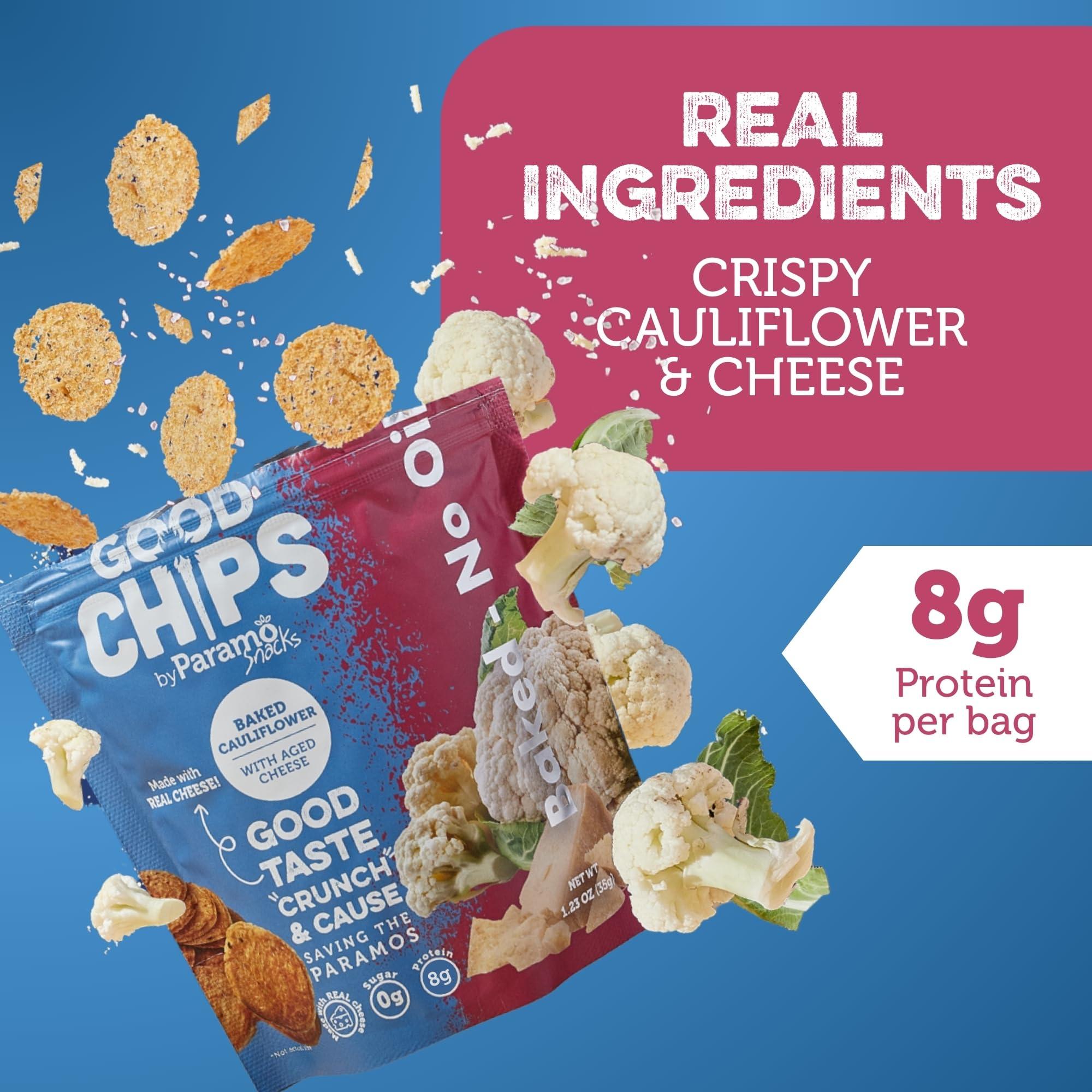 Good Chips by Paramo Snacks Good Chips Cauliflower Aged Cheese, Baked, No Oil, High Protein, Guilt Free Healthy Snacks, 1.23 oz. Pack of 12