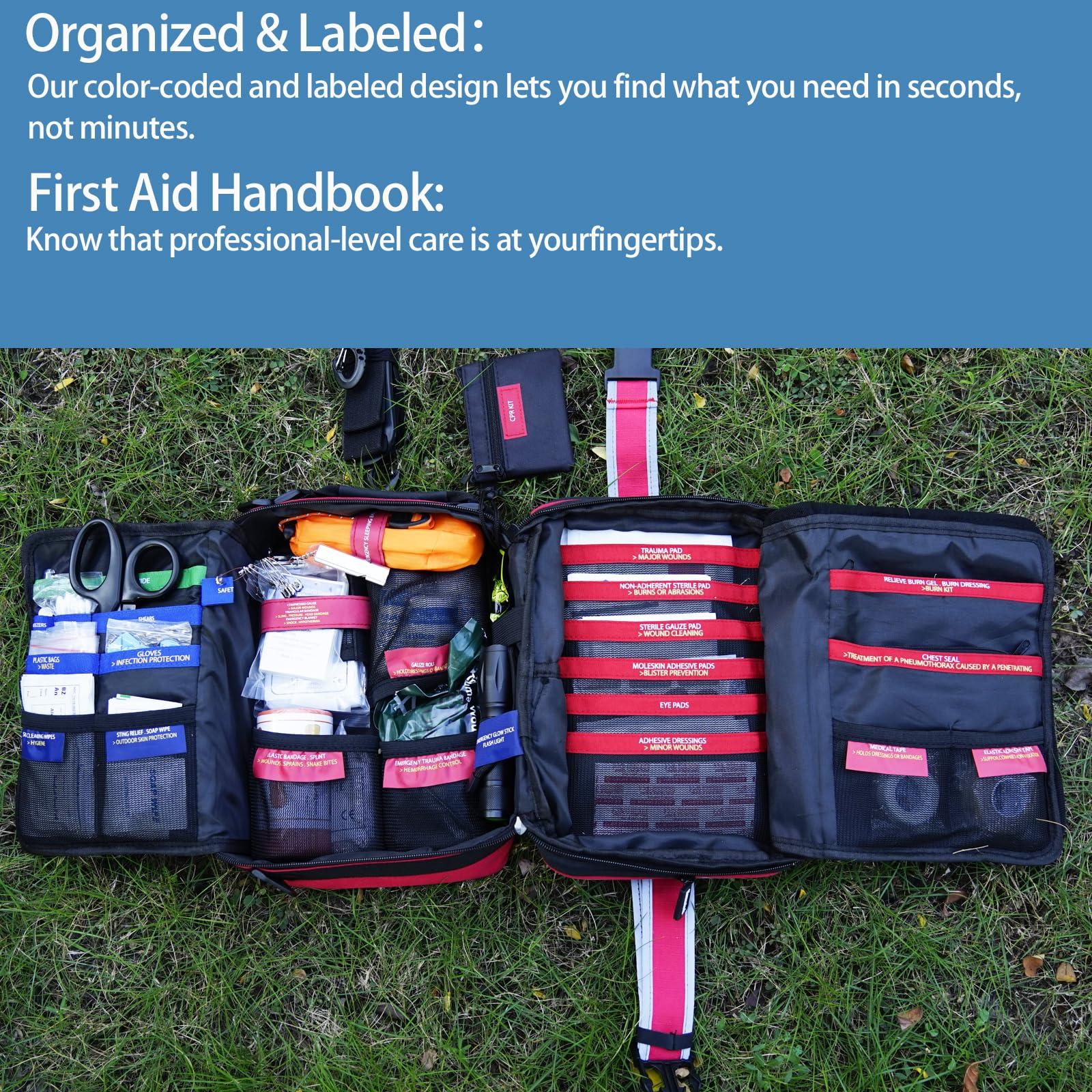 Besst Survivor Upgrade Comprehensive Premium First Aid Kit, Labeled Compartments Trauma Kits with Shoulder Strap, Large Emergencies Medical Kits for Home, Truck, Camping, Sports, Outdoor Emergencies -265 Piece Set