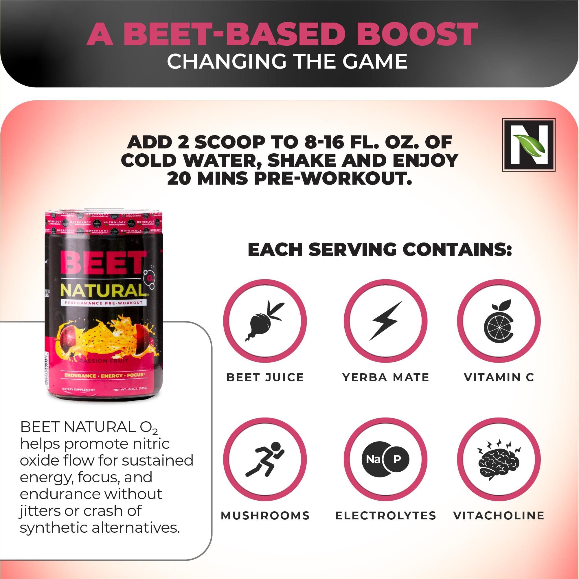 Nutrology Nutrology Beet Natural O2, Pre Workout Powder, Energy, Endurance & Nitric Oxide Booster with Beet Powder, Yerba Mate, Adaptogens & Electrolytes, Vegan Pre Workout, Passion Fruit Flavor, 30 Servings