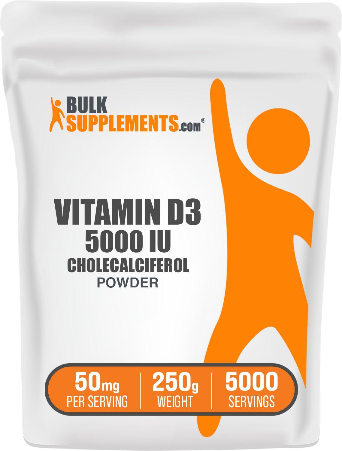 BULKSUPPLEMENTS.COM BulkSupplements.com Vitamin D3 Powder - Cholecalciferol, Vitamin D Supplements, Vitamin D3 5000 IU - Gluten Free, 50mg (125mcg of Vitamin D3) per Serving, 250g (8.8 oz) (Pack of 1)