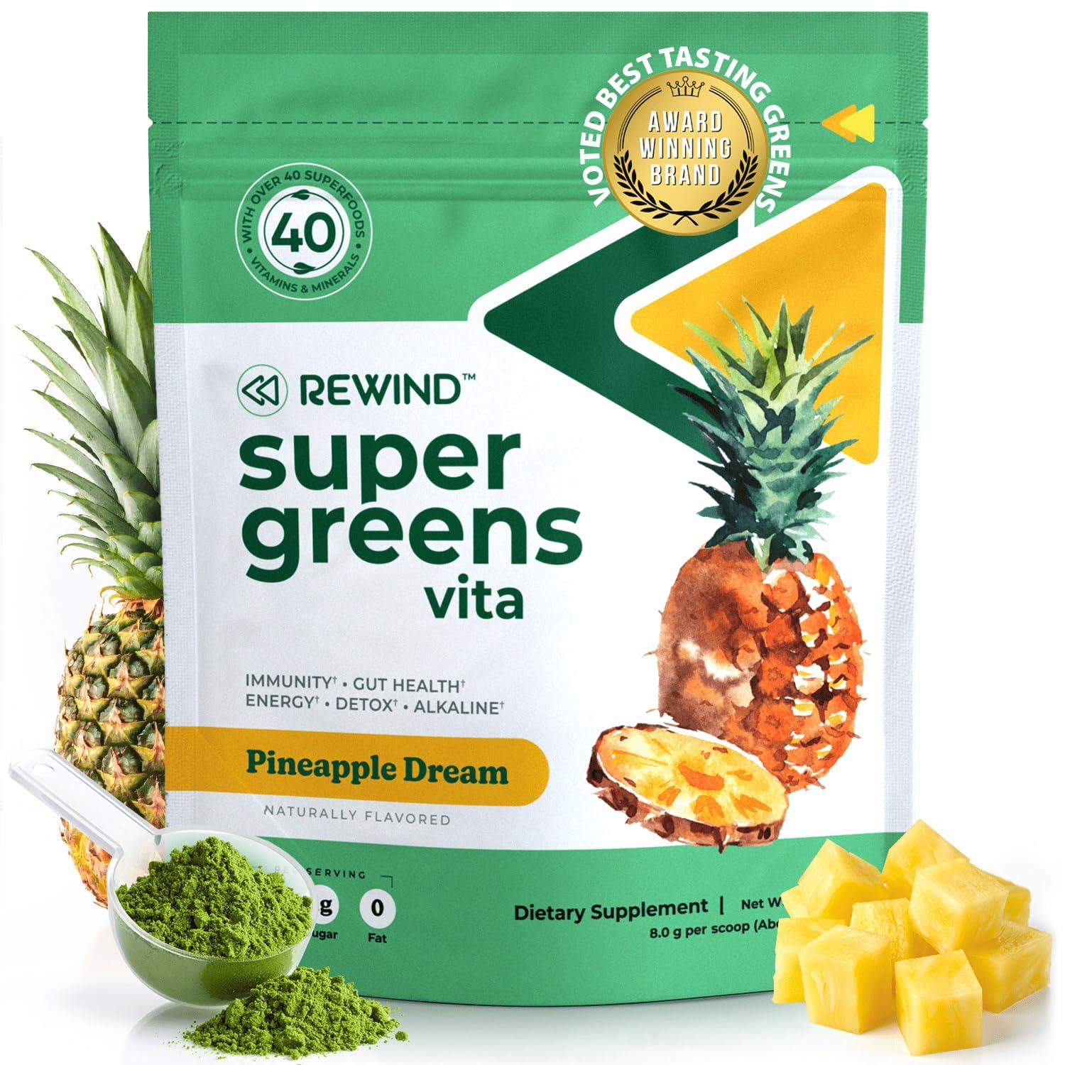 Rewind Rewind Greens - Super Greens Powder - Delicious Green Juice Drink Mix with Amazing Flavor - Over 40 Superfoods - Vitamin B12, Zinc, Vitamin C, Magnesium, and Calcium - Pineapple Dream