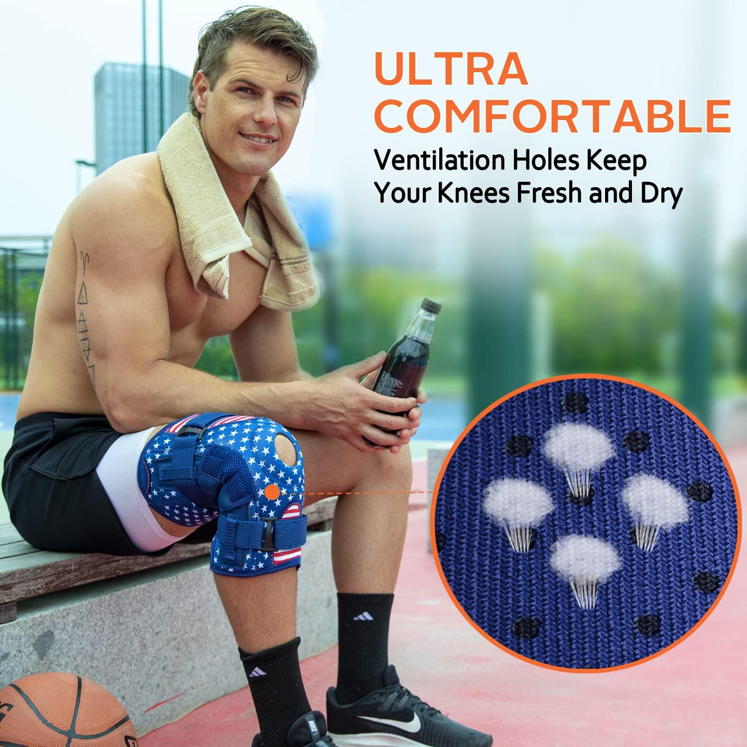 Omples Omples Hinged Knee Brace for Knee Pain Knee Braces for Meniscus Tear Knee Support with Side Stabilizers for Women and Men Patella Knee Brace for Arthritis Pain Working Out Running American Flag (X-Large)