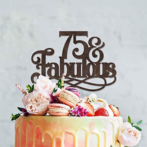 WengBeauty 75 & Fabulous Cake Toppers Brown Wood 75th Birthday Cake Decorations Supplies Happy Birthday Cake Topper Customized Age Birthday Cake Decoration Birthday Anniversary Cake Topper