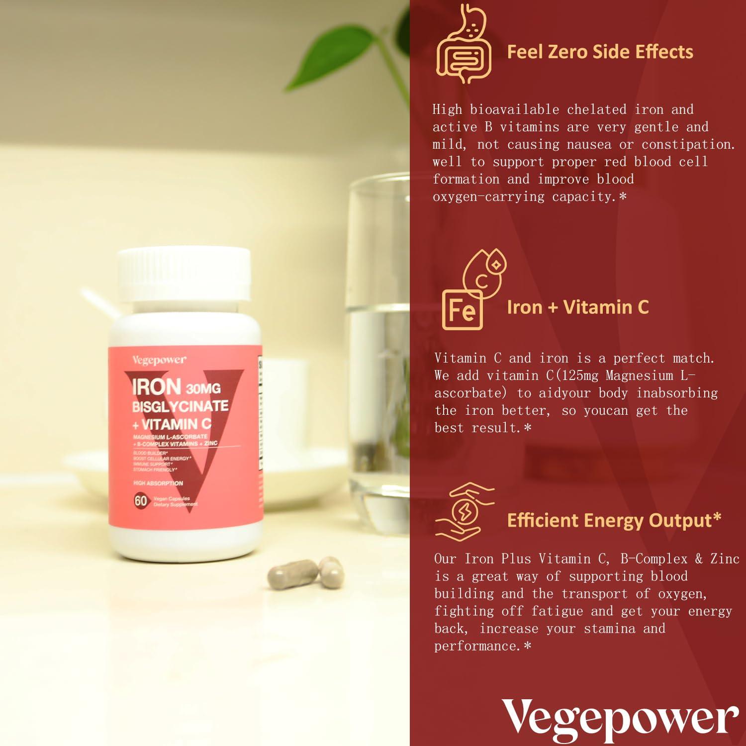 VEGEPOWER Iron Bisglycinate Supplement for Women & Men - 30mg Iron Pills with Vitamin C, B12, Folic Acid - Chelated Iron for Anemia, Blood Builder - High Absorption, Gluten-Free, Non-GMO - 60 Vegan Caps