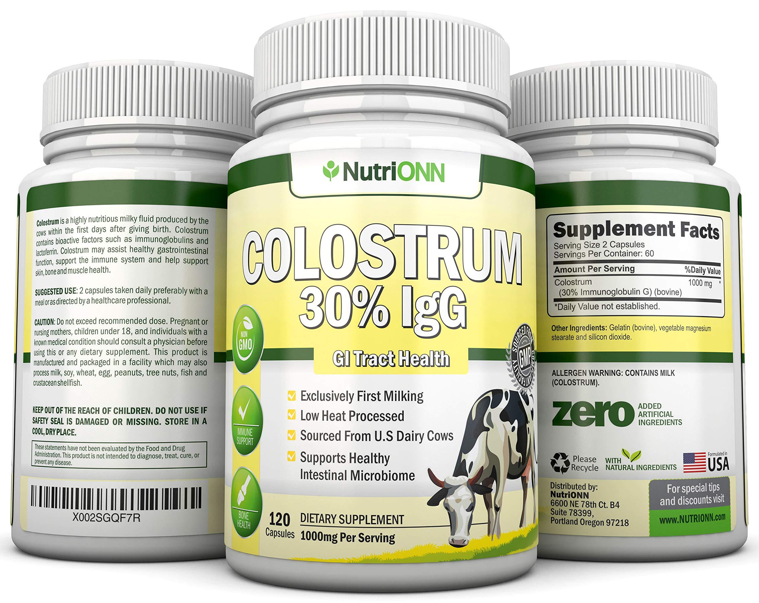 NutriONN Colostrum - 1000mg - 120 Capsules - 30% IgG - Non-GMO US Dairy - First Milking Bovine Colostrum - Low Heat Processed - Great for GI Tract Health - Immune Support - Bone and Muscle Health