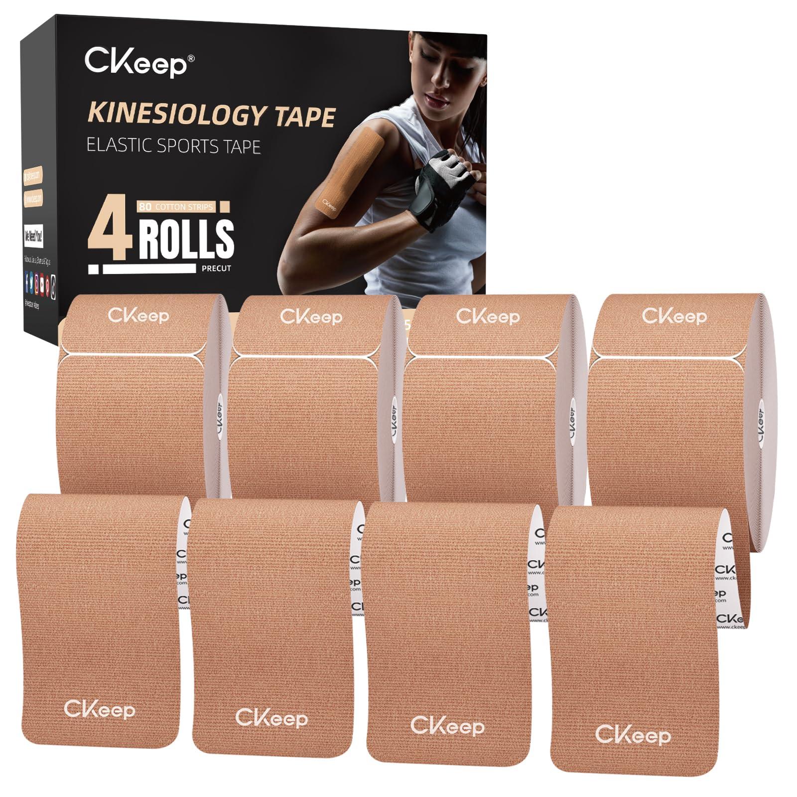 CKeep CKeep 4 Rolls Kinesiology Tape, Original Cotton Elastic Athletic Tape, 20 Precut 10\" Strips Each, Beige, Ideal for Muscle Support & Injury Prevention