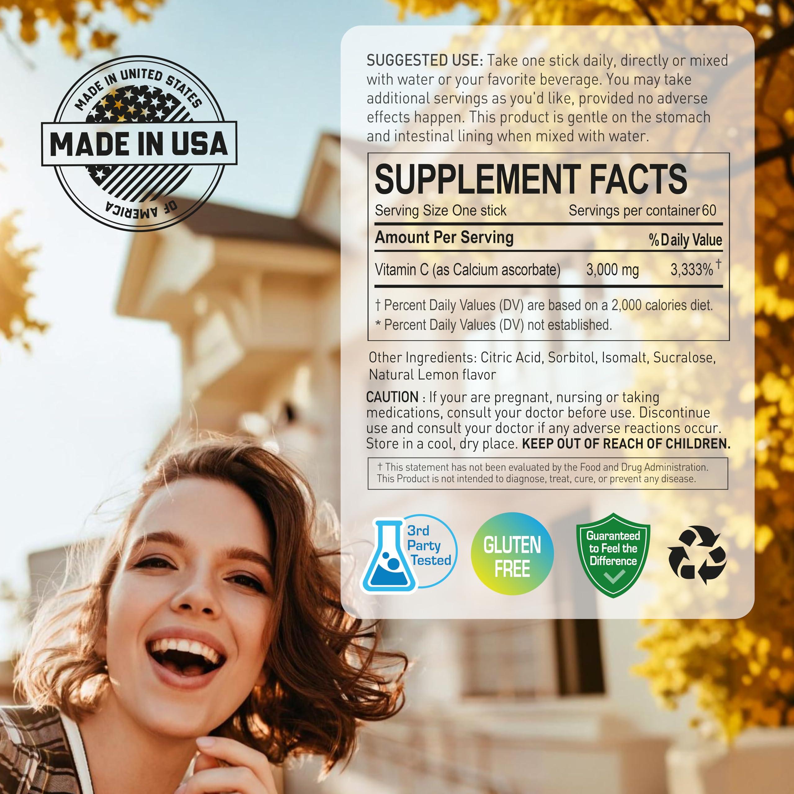 NANOWELL NANOWELL Pure Buffered Vitamin C Powder 3000mg per Serving, Dietary Supplement for Immune Support - 60 Sticks, 60 Day Supply