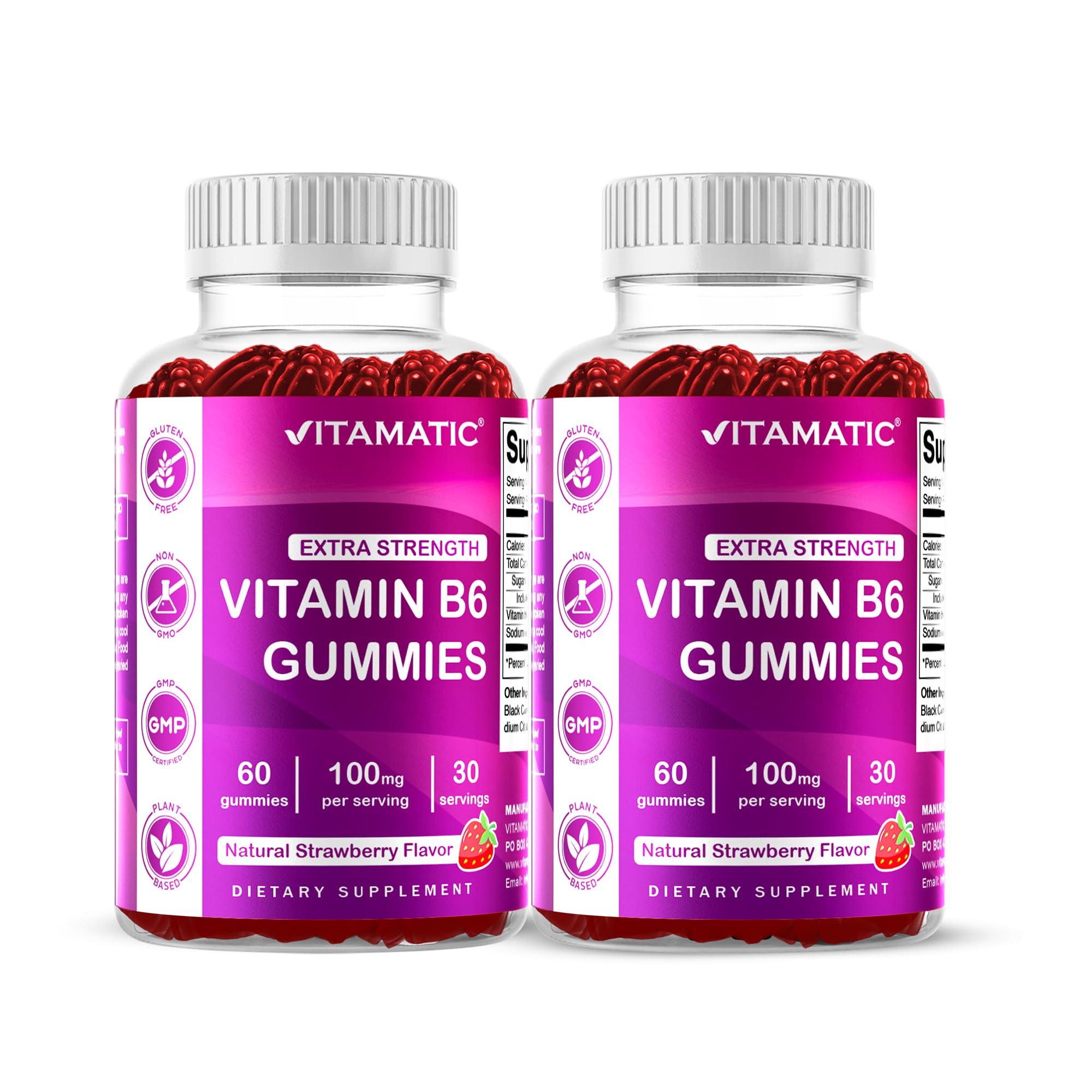 Vitamatic Vitamatic 2 Packs Vitamin B6 100mg - Strawberry Flavor - 60 Pectin Based Gummies - Supports Nervous System