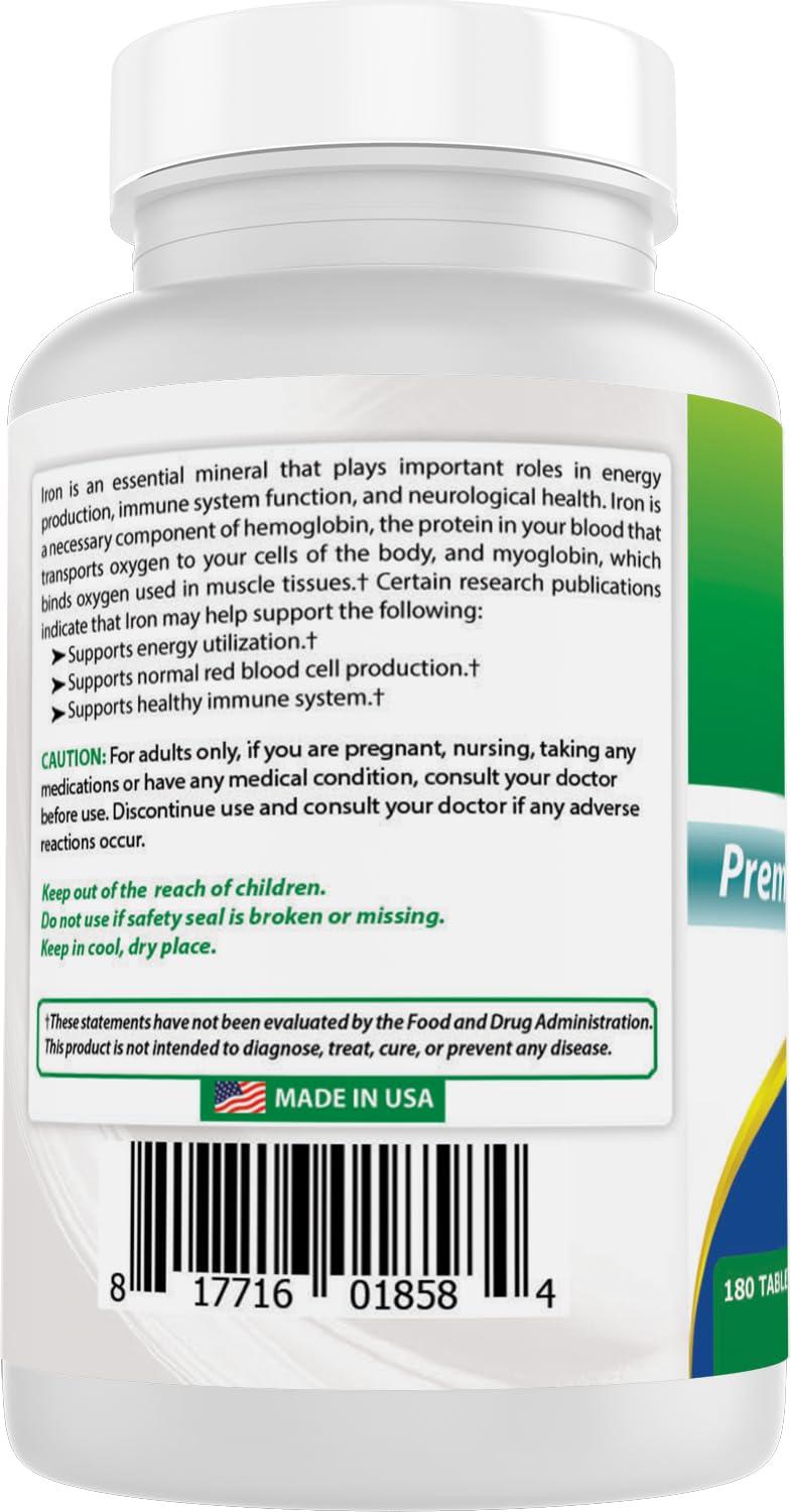 Best Naturals Best Naturals Iron Supplement (Iron Bisglycinate) - 25mg - 180 Tablets - Gentle of Stomach - Non-Constipating
